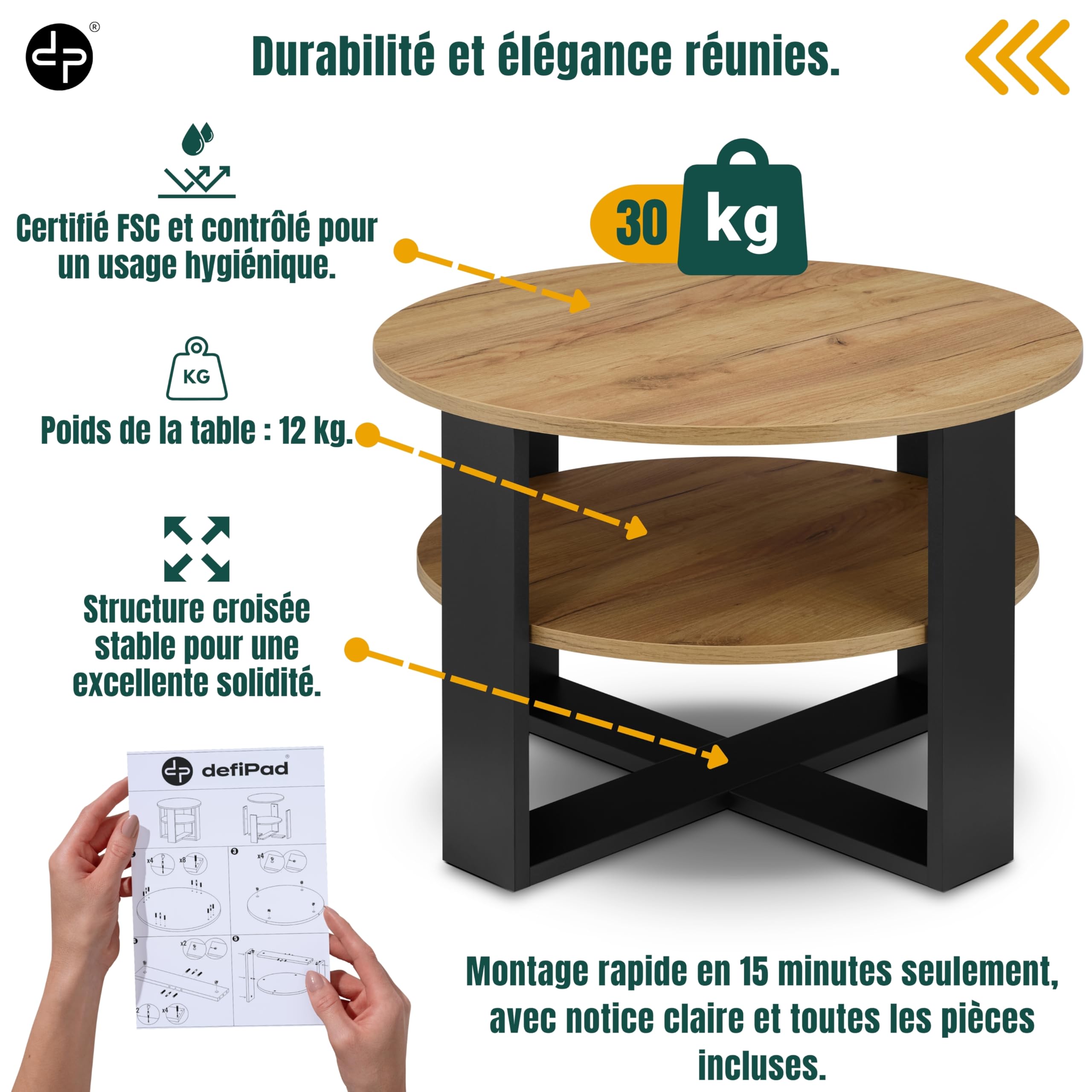 defiPad Table Basse Ronde Ø70 cm – Table d’appoint Bout de canapé avec étagère, 2 Niveaux, Meuble de Salon Moderne, Blanc et chêne, Design Industriel, fabriquée en UE (Noir et Chêne)