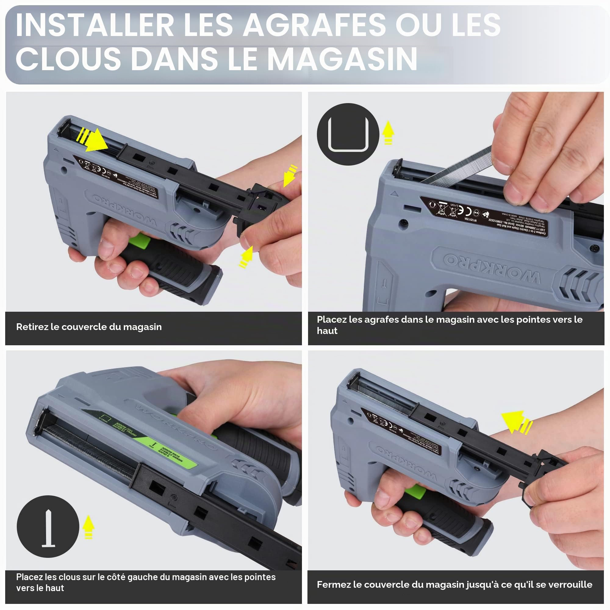 WORKPRO Agrafeuse sans Fil 3,6V 2000 mAh avec 2000 Agrafes, Agrafeuse Multifonction 2 en 1 Compatible avec Clous et Agrafes Type 53, 8 pour les Projets de Bricolage en Ameublement, Menuiserie(Gris)
