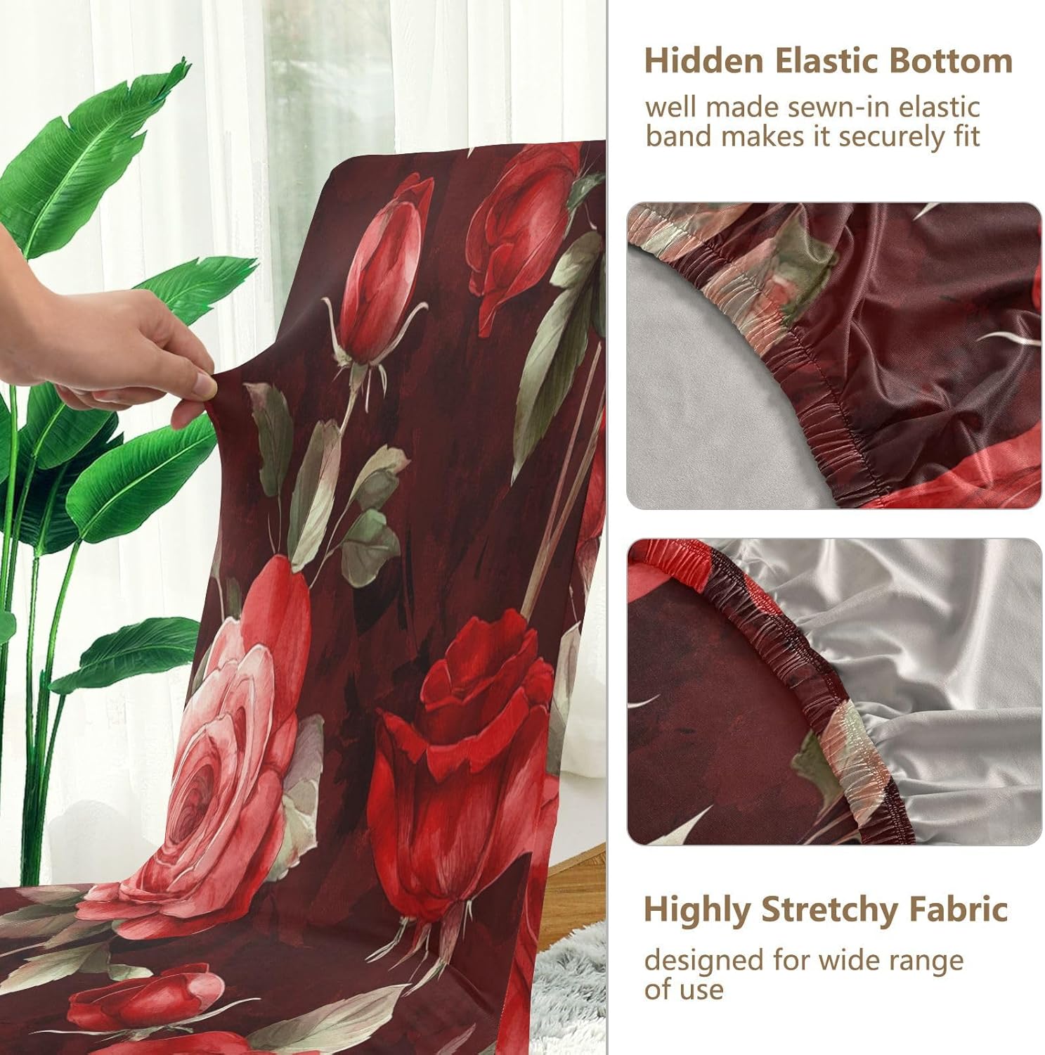 ALAZA Chair Covers for Dining Room, Beautiful Red Roses Cute Flower Stretch Chair Cover Sets Chair Protector Removable Washable for Ktichen Restaurant Hotel
