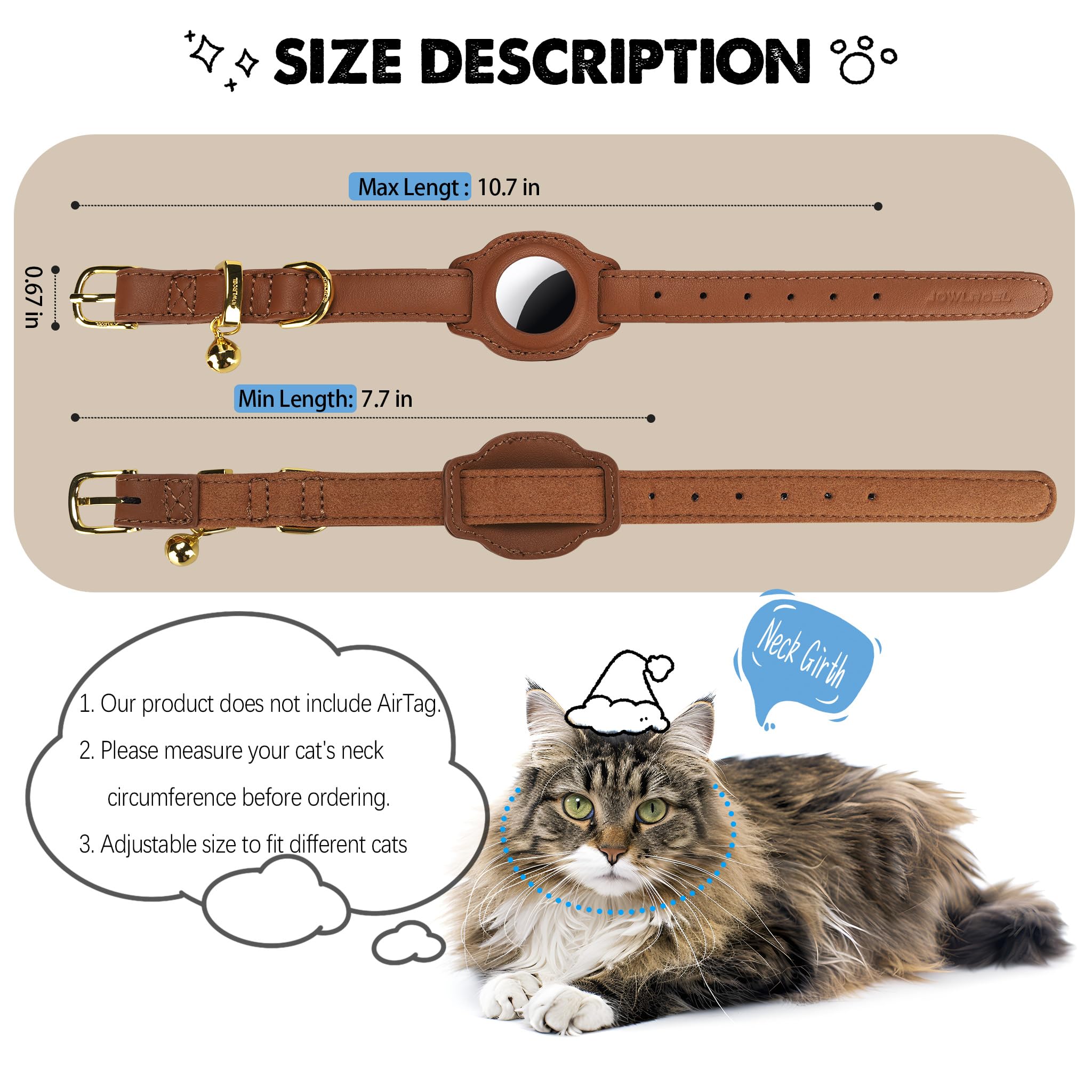 AirTag - Collar de gato con campana y forro de tela, collar de cuero para mascotas, collar de gato de cuero no separable con soporte para AirTag, collares GPS para gatos y gatos (marrón)