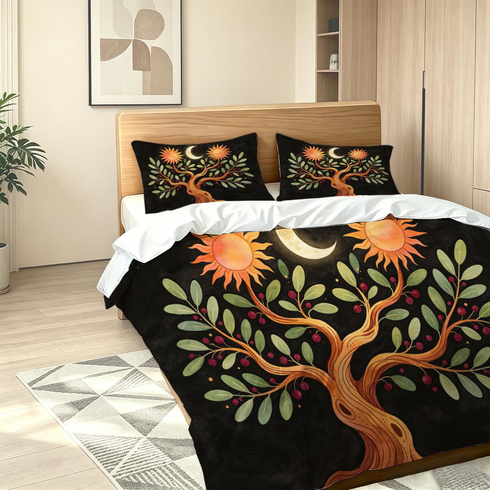 Set Copripiumino Singolo 135x200 cm Motivo Albero Della Vita Set di Biancheria da Letto in Morbido Traspirante Microfibra 3D con Copripiumino e 2 Federe 50x80 cm Nero G-2221