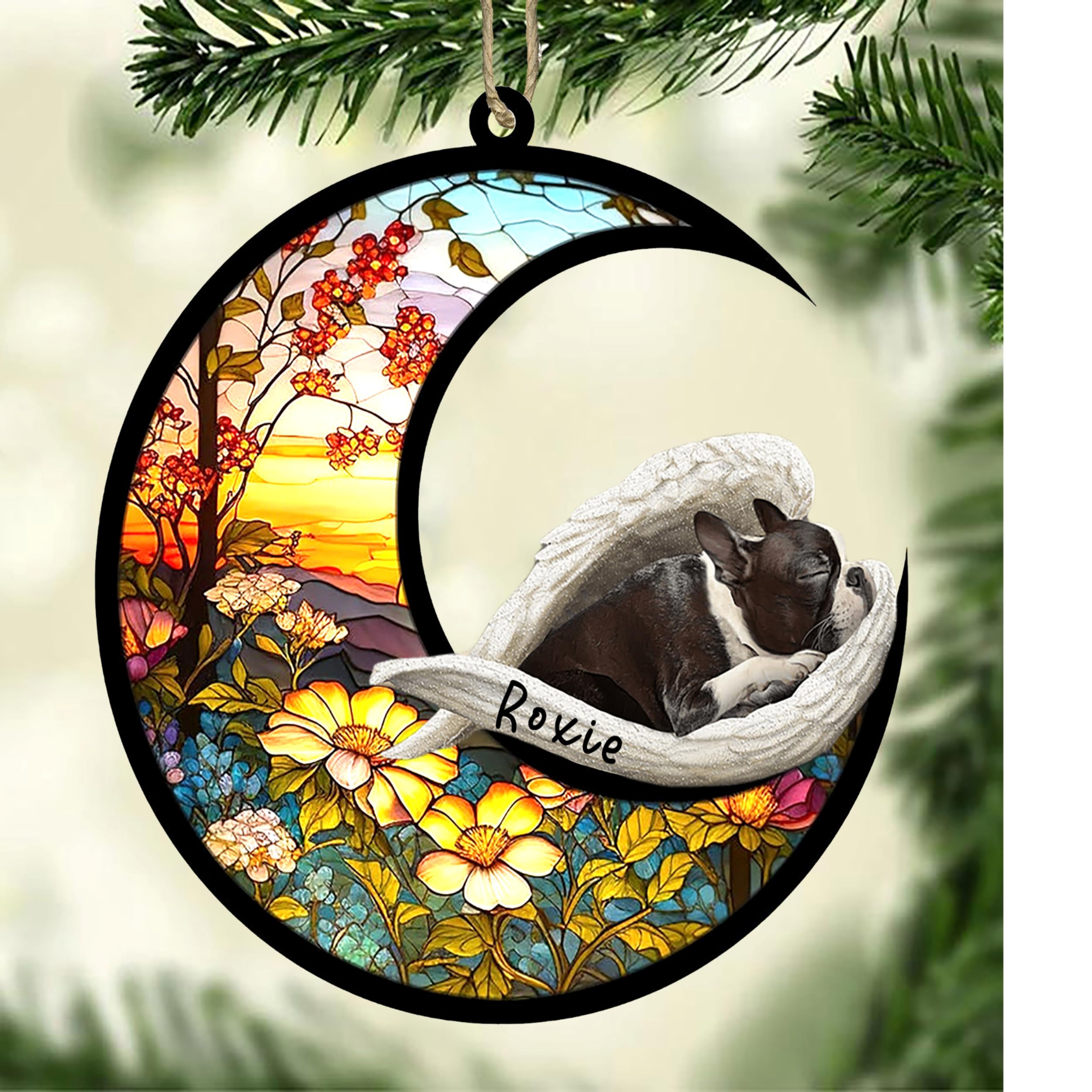 Personalized Boston Terrier Dog Memorial Suncatcher, Boston Terrier Christmas Ornament with Name, Pet Loss Catcher, Gifts for Dog Lovers Loss of Dog, Boston Terrier Sleep on Haven