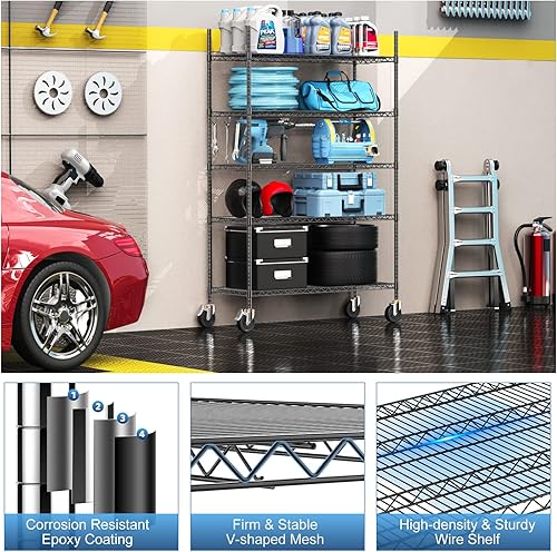 Miniatura 6 de Luxspire Estantería de alambre de 5 niveles con ruedas de 48 x 18 x 72 pulgadas estante de almacenamiento ajustable de grado comercial certificado