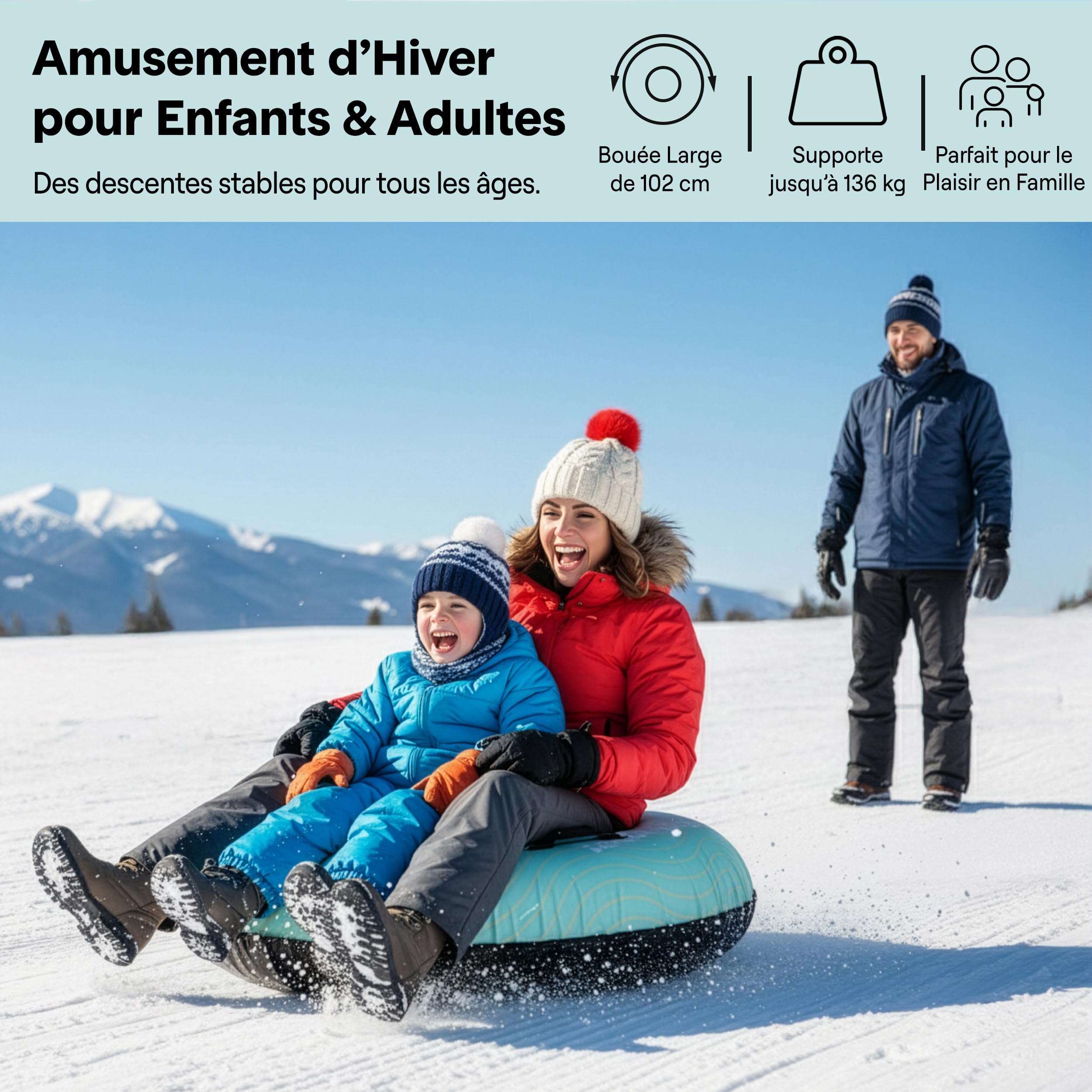 SereneLife Luge Gonflable 100 cm – Tube de Neige Résistant avec Coque Rigide et Housse Oxford – pour Enfants et Adultes