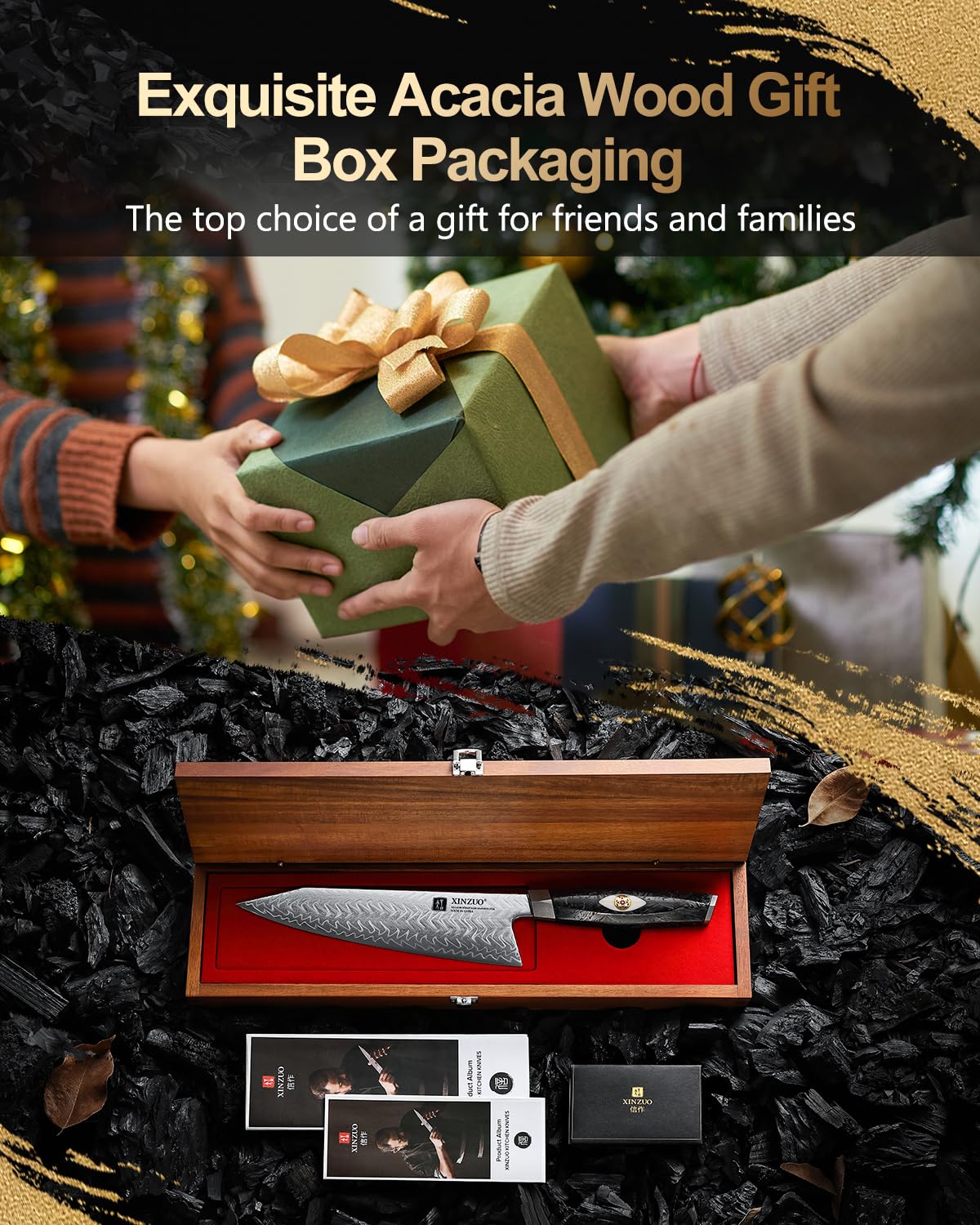 XINZUO 21,5cm Cuchillo de Cocinero de 145 Capas de Acero de Damasco Forjado a Mano Profesional Cuchillo Chef de Cocina -Acero en Polvo M390 de Austriaco -Mango de Resina de Fibra de Carbono Negra