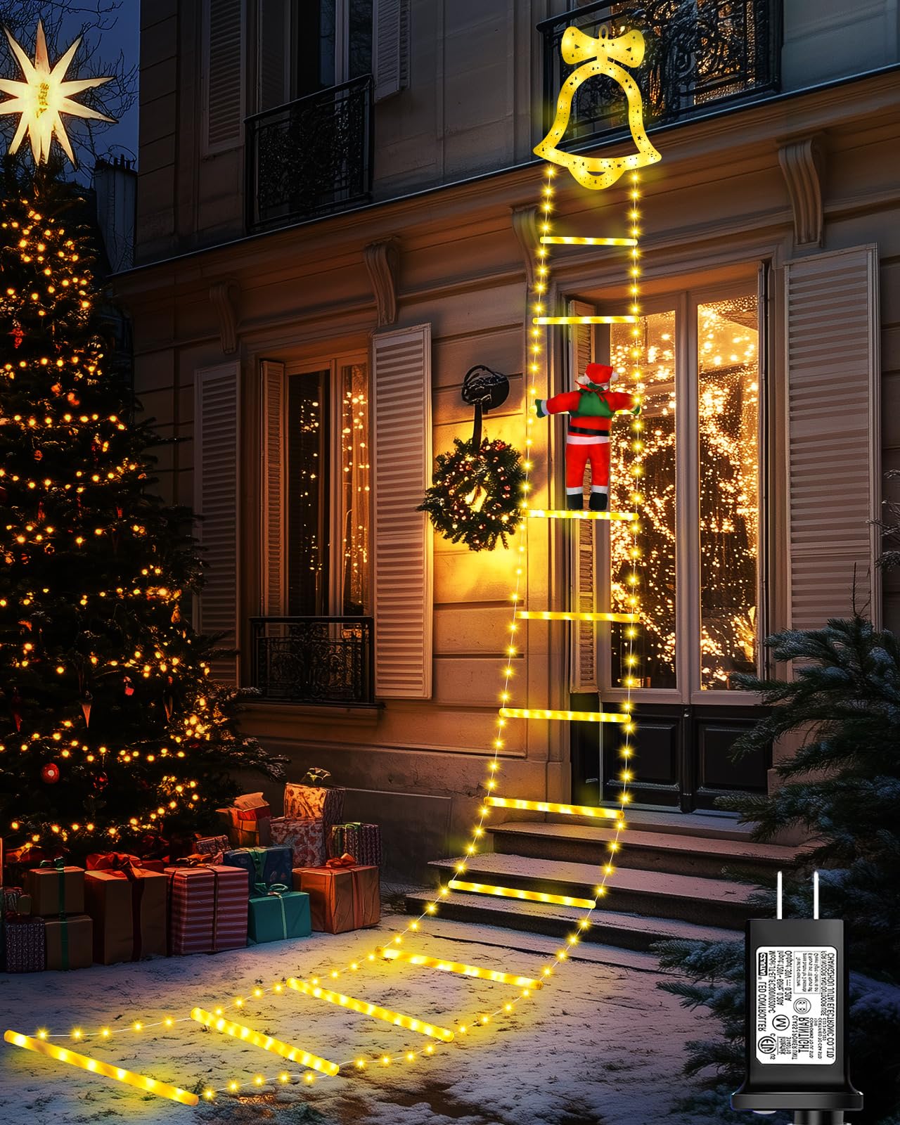 Christmas Decorations LED Ladder Lights, 10ft Decorative Light with Climbing Santa Claus, 8 Modes Xmas Giant Lights for Tree Indoor Outdoor Window Garden (Warm White)