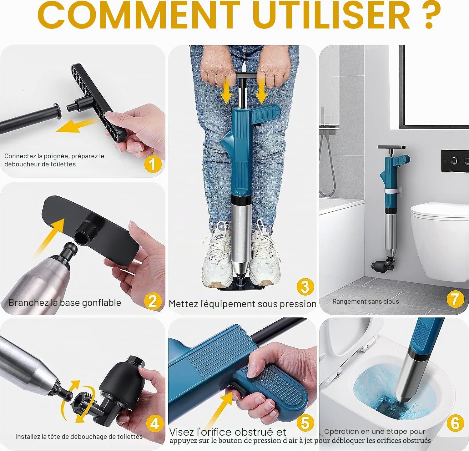 Deboucheur WC,pompe deboucheur wc,Piston de Toilette Déboucheur Evier Haute Pression Déboucheur toilette pour Déboucher les Toilettes/Lavabo/Baignoire/Drain de Sol/evier