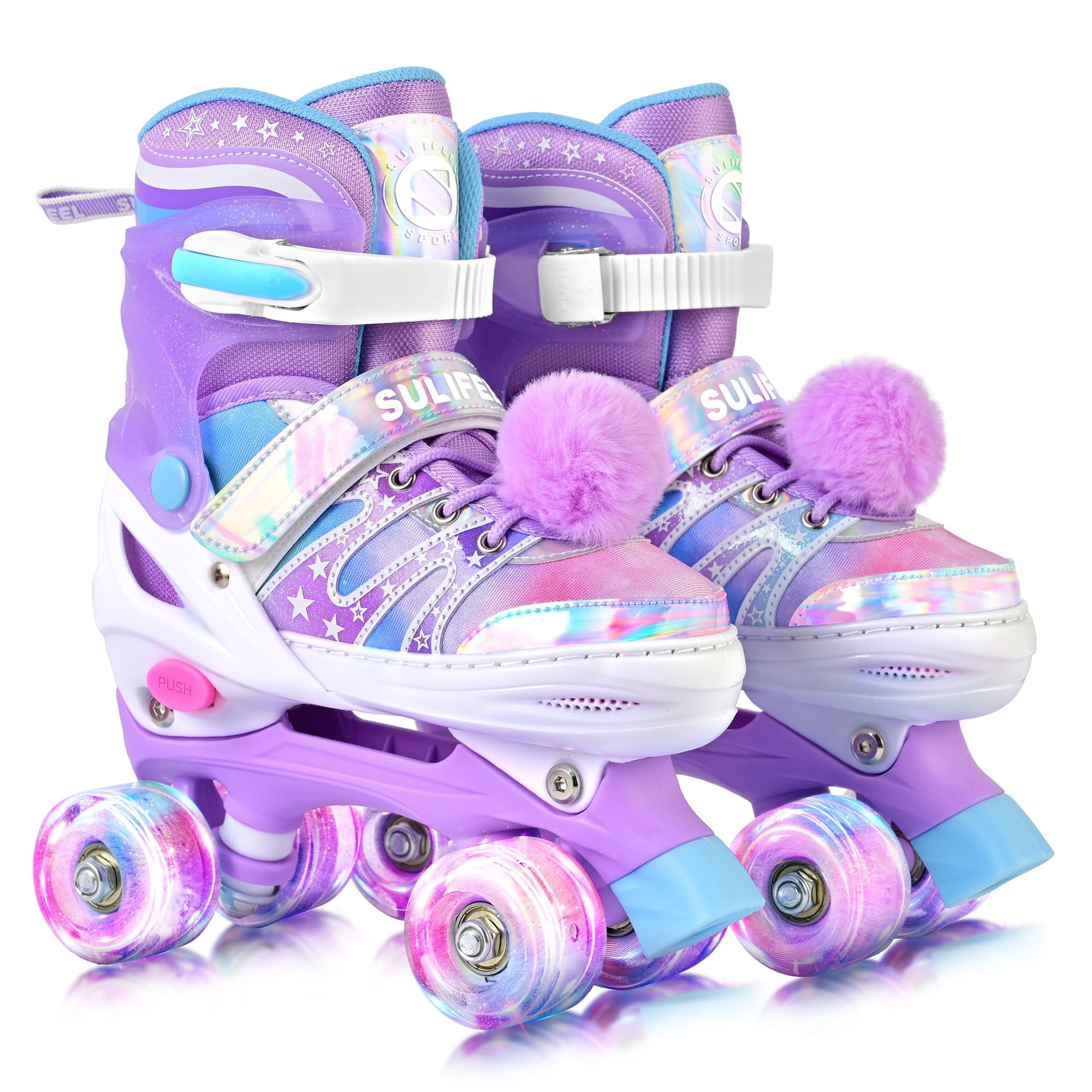 SULIFEEL Rainbow Tie-Dye Adjustable Roller Skates for Girls Kids Ages 3-5 5-8 6-12 Pink Purple Light Up Skate with Fluffy Pom Poms Triple Protection