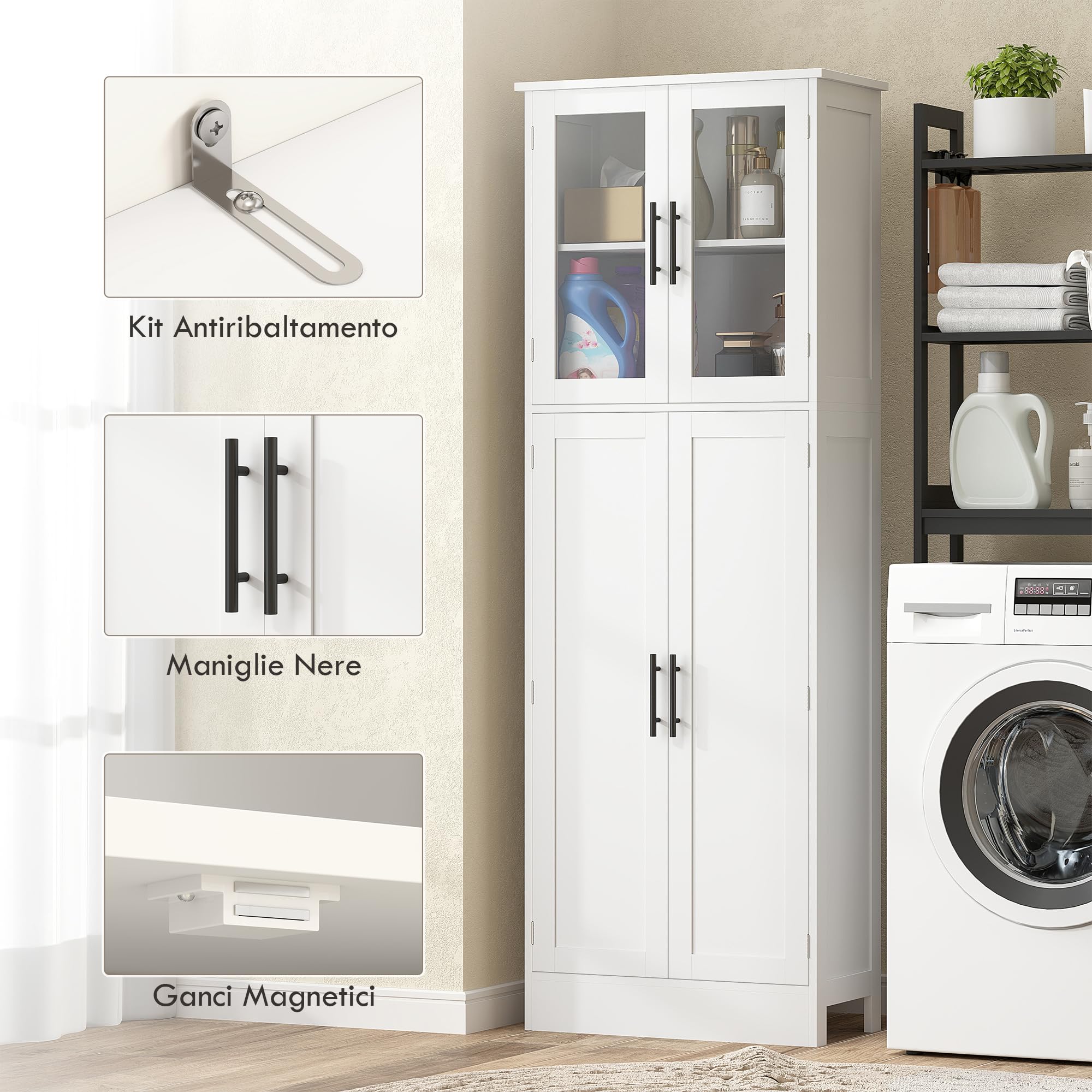 HOMCOM Mobile Bagno Alto con Ante in Vetro e 2 Armadietti, Mobiletto Bagno Salvaspazio con Ripiani Regolabili, Armadio da Terra per Sala da Pranzo Salotto Soggiorno Cucina, 60x30x170 cm, Bianco