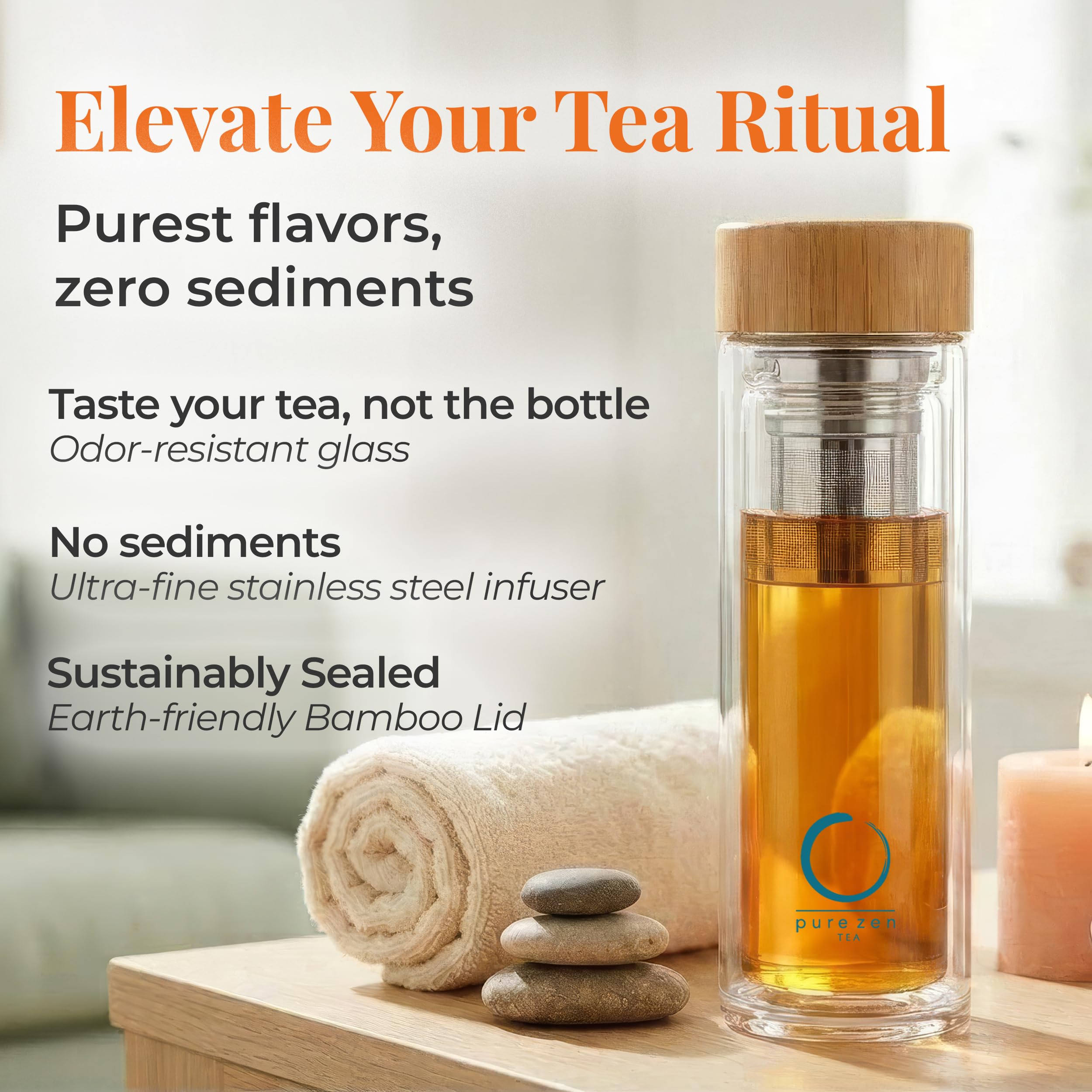 Pure Zen Tea Butelka z zaparzaczem - izolowana szklana butelka do naparów sypkich liści - kubek do herbaty z zaparzaczem - przenośny kubek podróżny do podawania wody - termos z dyfuzorem w podróży