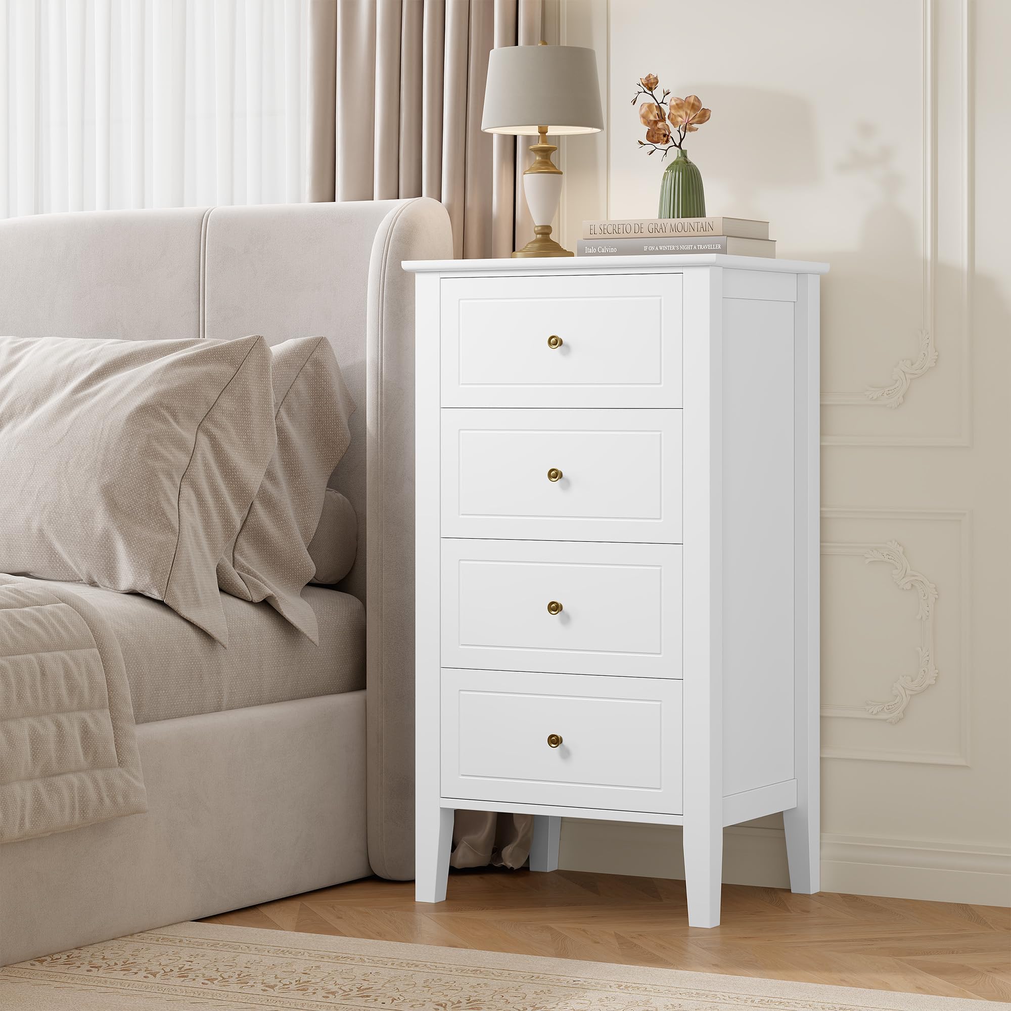 FOREHILL Cassettiera Camera da Letto, Comodino Bianca con 4 Cassetti in Legno, Mobiletto Autoportante per Soggiorno, Corridoio, Cucina 50x40x95 cm