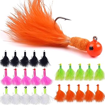 Marabou Jigs Fishing Lure Kit,25pcs Crappie Jigs Feather Hair Jigs Head Round Ball Marabou Jigs for Trout Walleye Panfish Steelhead Salmon 1/8 1/16 1/32oz