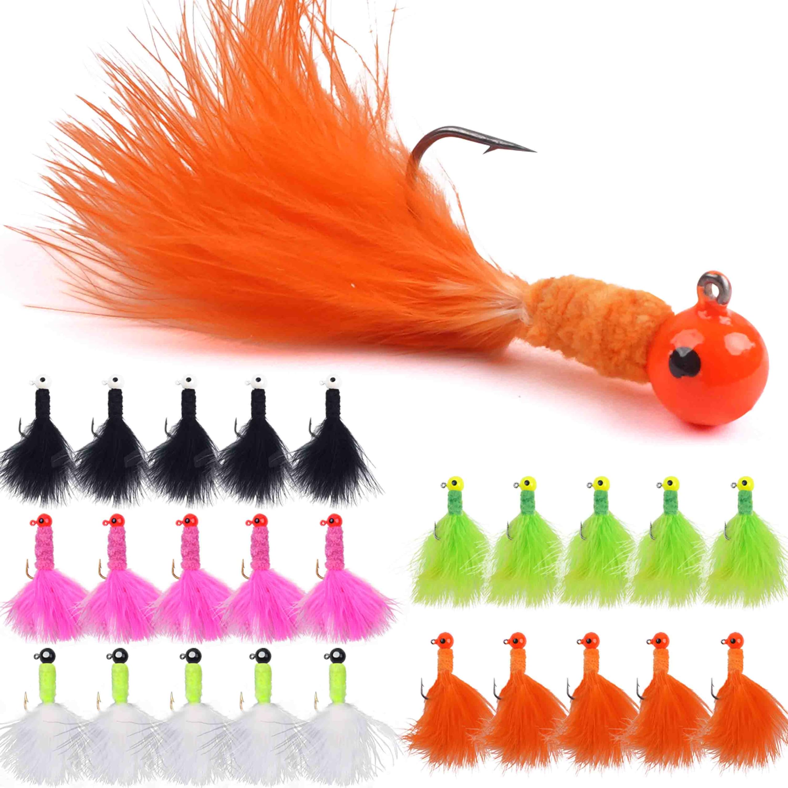 Crappie Fishing Jigs Heads Kit,25pcs Marabou Feather Jig Head Hair Jigs Round Ball Head Crappie Jigs for Trout Walleye Panfish Steelhead Salmon 1/8 1/16 1/32oz