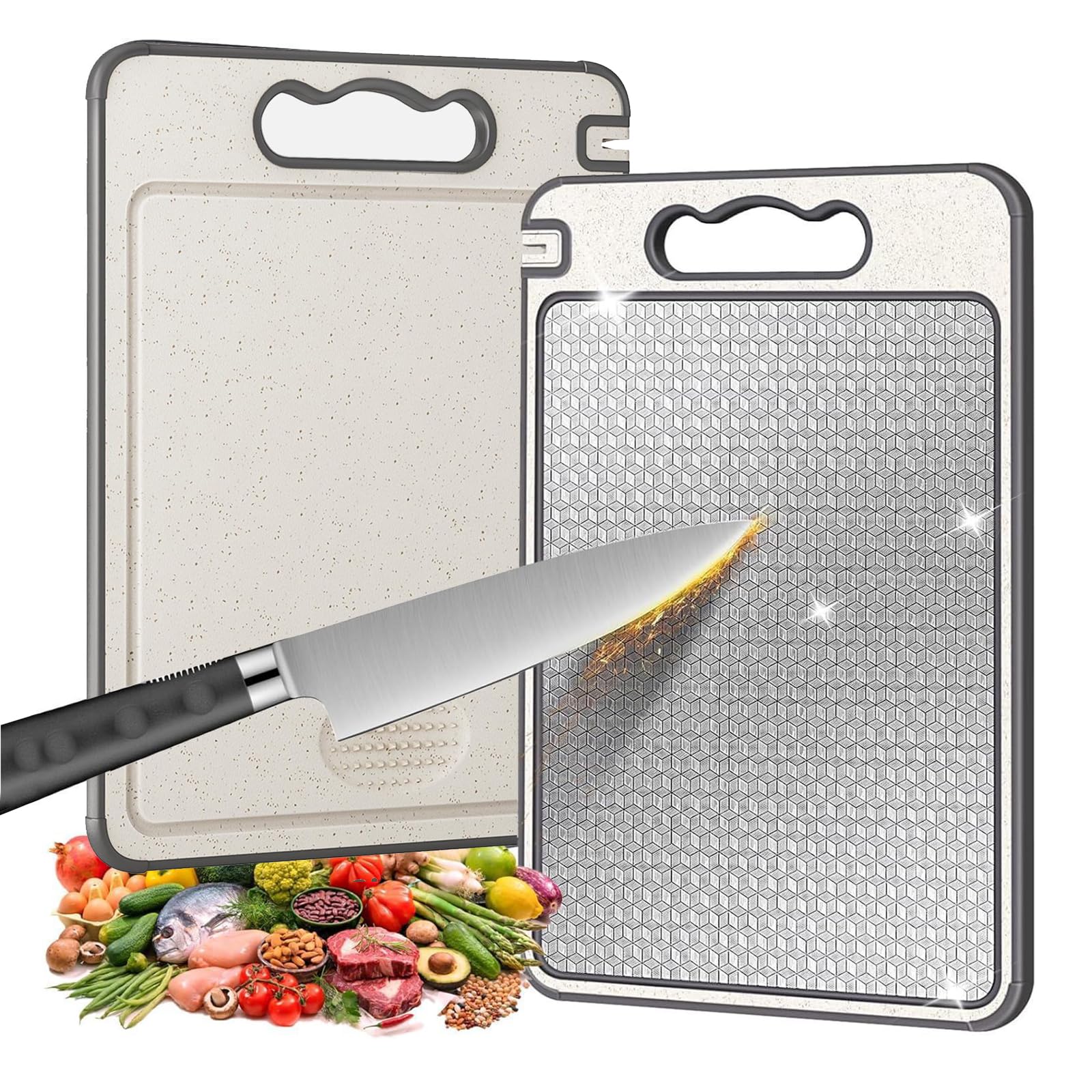 Chopping Boards for Kitchens,Double-Sided Cutting Board with 304 Stainless Steel & Wheat Straw,Sharpener, Easy to Clean, Food-Grade Plastic Chopping Board for Meat,Vegetables,Fruits