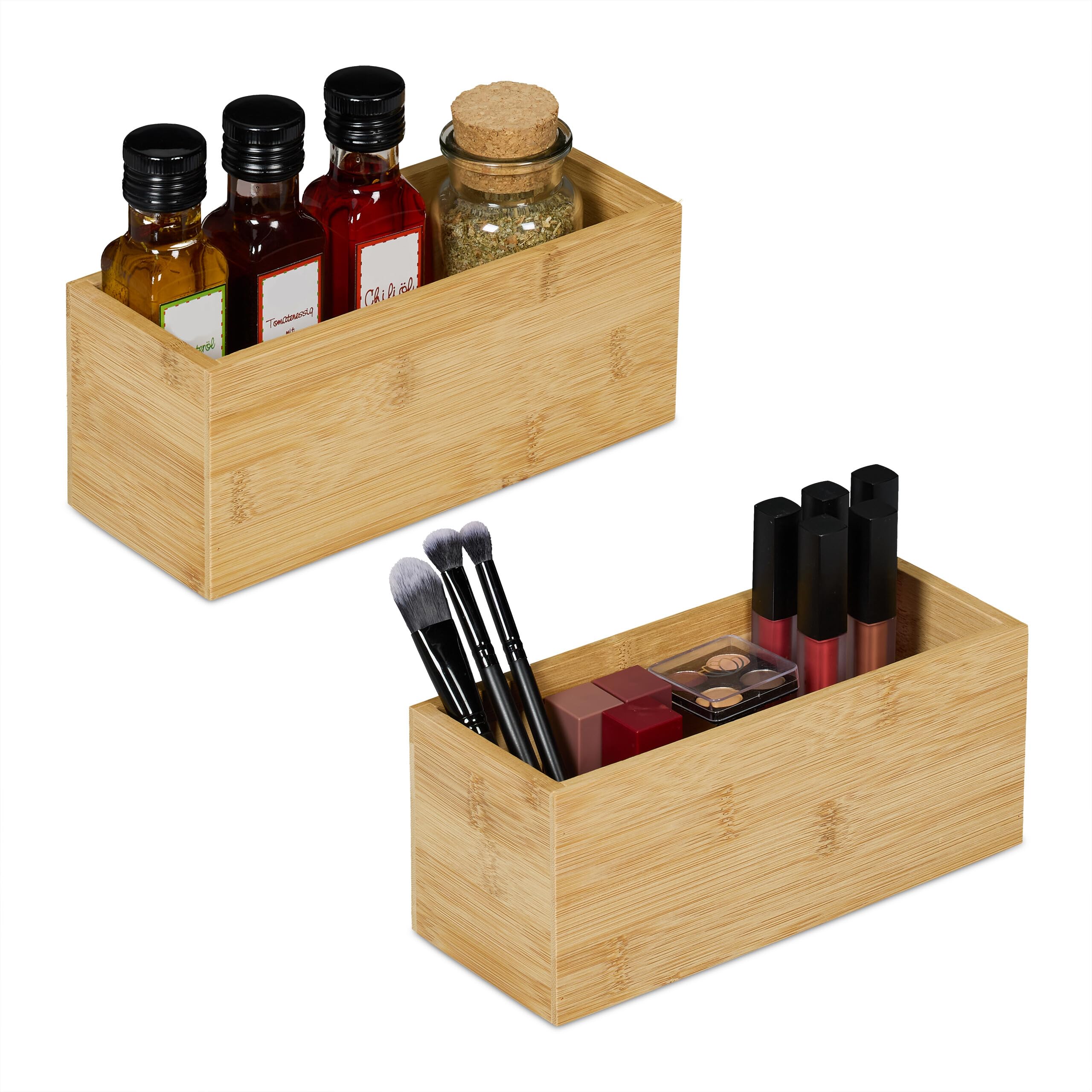 Relaxdays Bamboo Organiser Box, Set of 2, 9.5x23x9 cm, Kitchen & Bathroom Storage, Cosmetics & Office Supplies, Natural, Fibreboard