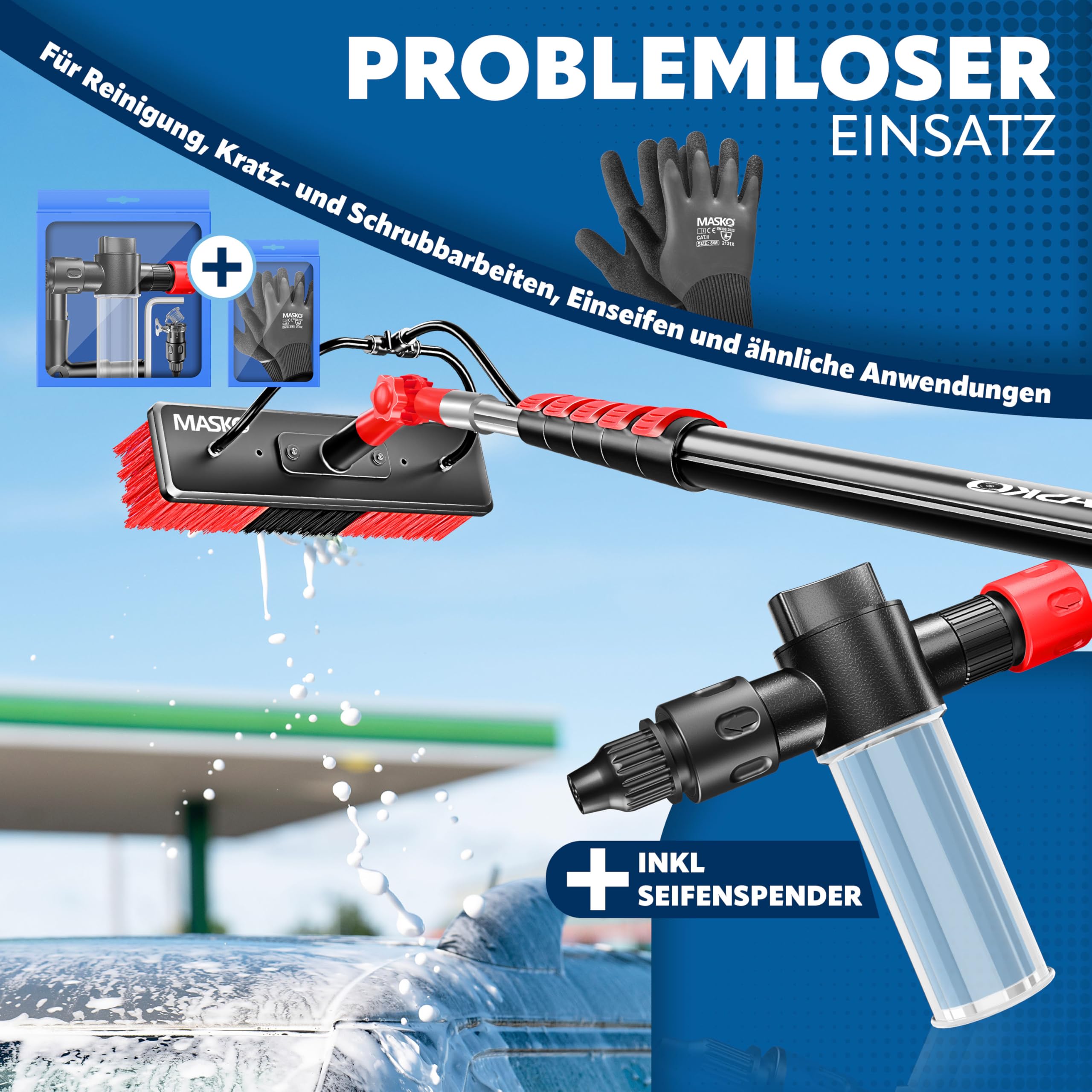 MASKO® Teleskop Waschbürste mit Wasseranschluss 7,2m Reinigungsbürste mit Teleskopstiel Ausziehbar | Teleskopbesen | Fenster & PV-Anlagen-Reinigung | Weiche Borsten Inkl. Seifenspender & Handschuhe