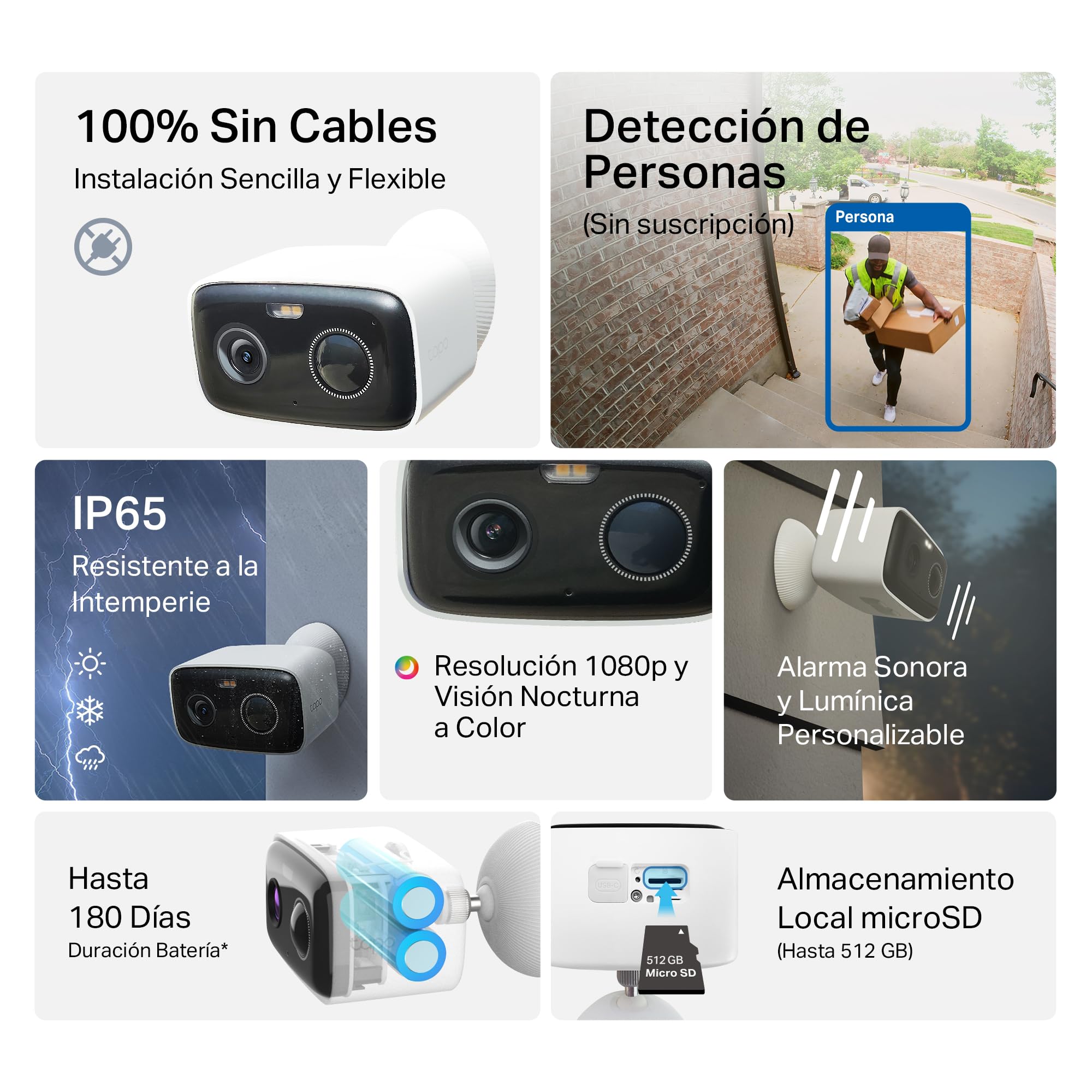 Tapo C400 - Cámara de Vigilancia WiFi Exterior, Batería 5200mAh, 1080p | Detección de Movimiento y Personas. Batería hasta 180 Días. Visión Nocturna a Color. Admite MicroSD. Control App Tapo.