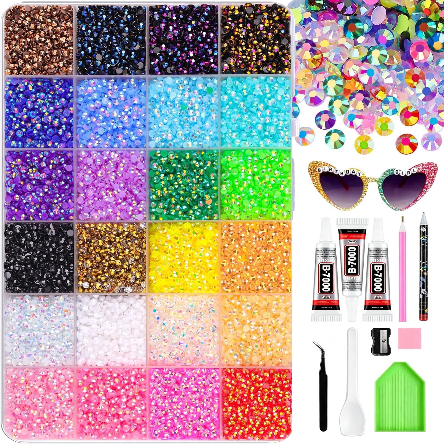 Gehior 24000Pcs Bedazzling Rhinestone Kit with Glues,Nail Art Rhinestones,Resin Jelly Rhinestones,Bedazzler Kit Gems Bedazzling Crystal for DIY Crafts Clothing Shoes Nail Art (24Colors)