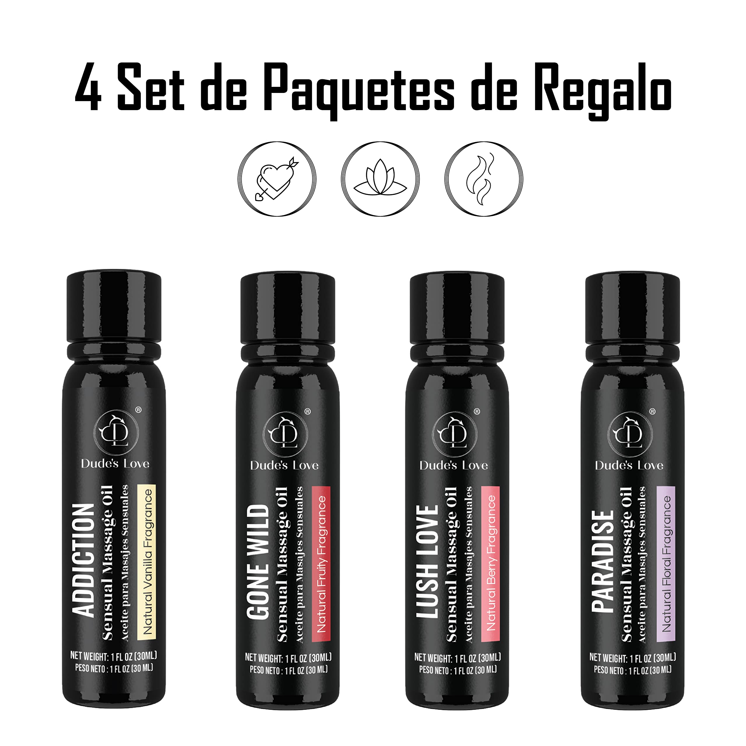 Dude's Love - Paquete de 4 aceites de masaje sensual aromático comestible para todo el cuerpo - Set de regalo combinado | Pack de Prueba Aceite de Masaje con Aceites Esenciales - 120 ML