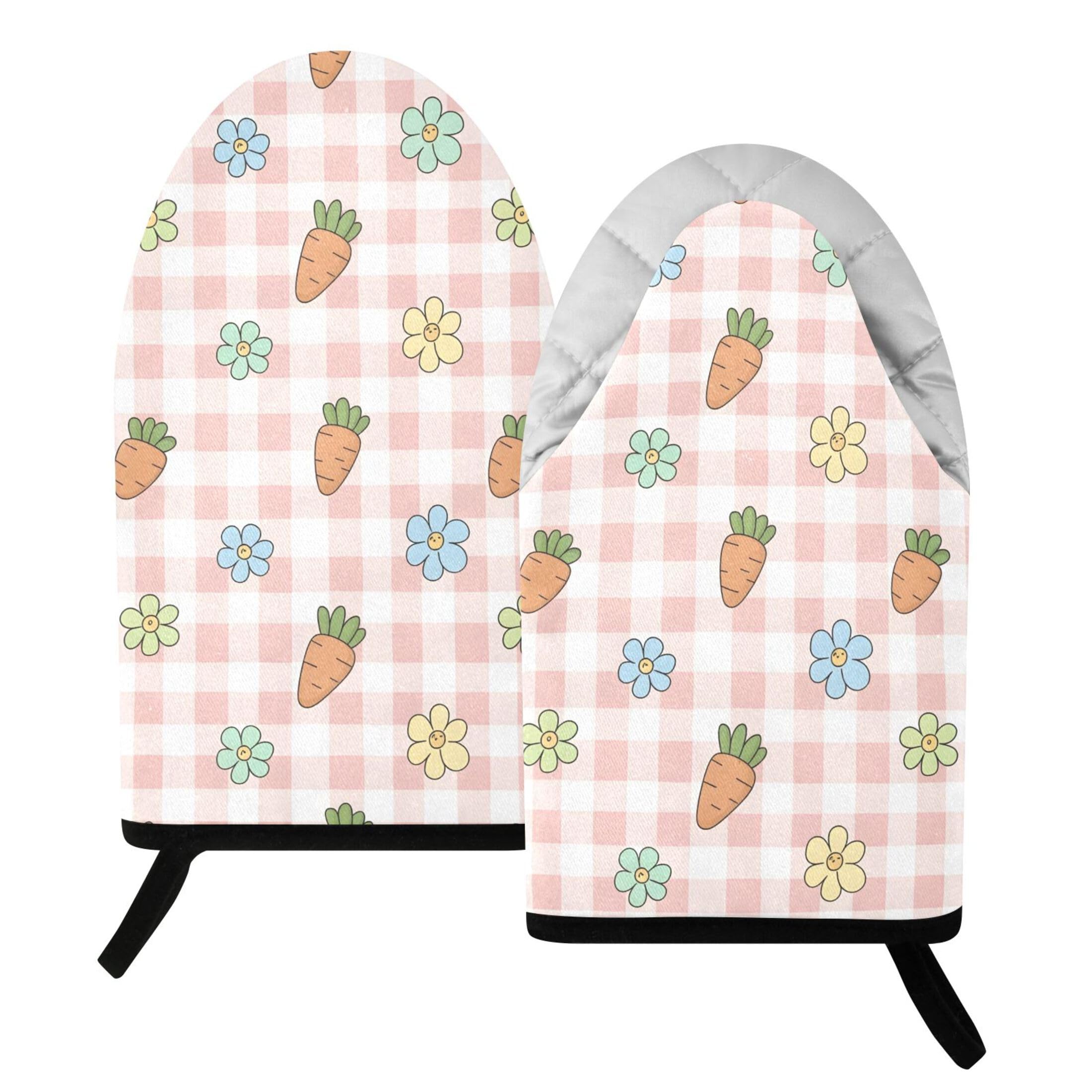 Kutsu Gingham Kawaii Carrots Oven Mitts for Kitchen, Heat Resistant Cotton Oven Gloves for BBQ Baking Cooking, Breathable Kitchen Essentials, 2 pcs