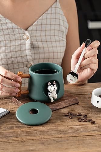 Miniatura 9 de DIHOclub Taza de café de cerámica con tapa y cuchara a juego, taza con diseño de husky 3D para jugo de té, leche y chocolate, bonita taza