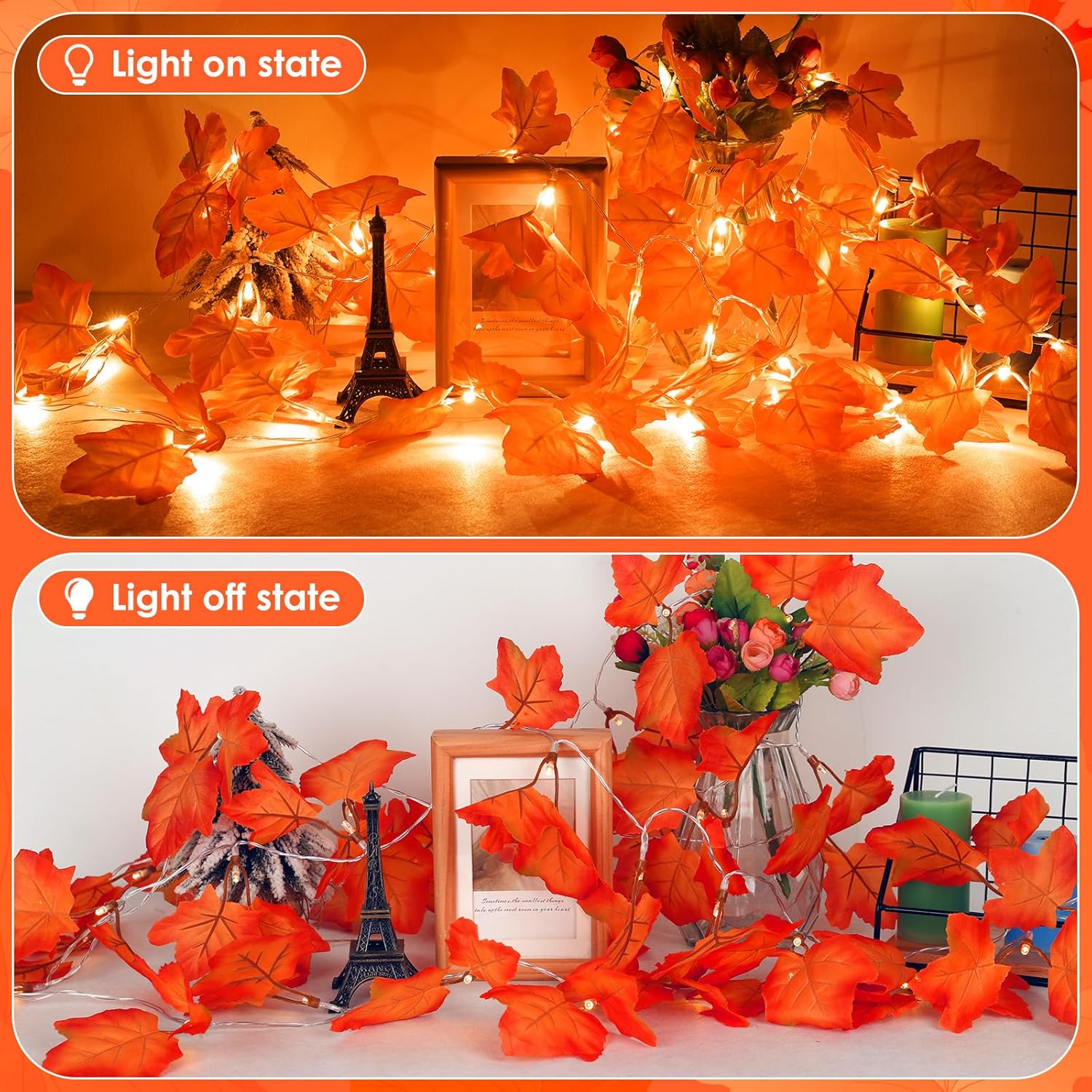 2 Pack Fall Lights - 26Ft 80LED Thanksgiving Decorations with 8 Lighting Modes & Timer - Enlarged Maple Leaves - Battery Operated Waterproof Lights for Indoor & Outdoor Autumn Decor