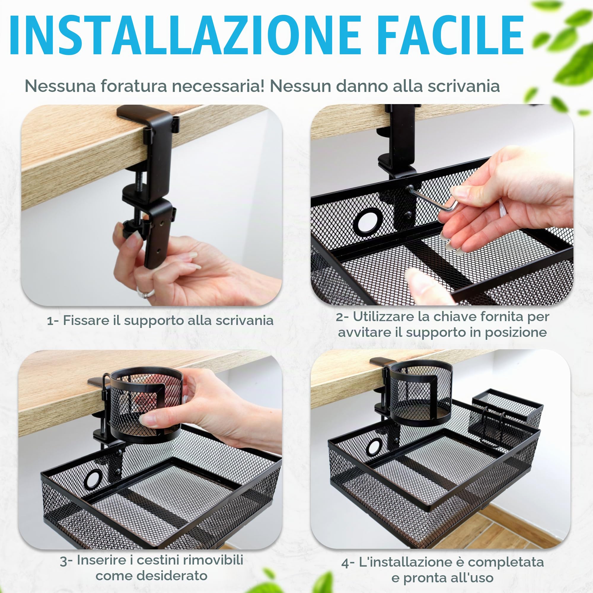 Organizer da scrivania con rotazione a 360 gradi, con supporto per telefono e tazza (340 x 250 x 70 mm)