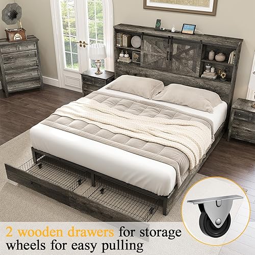 Miniatura 4 de HOWE Marco de cama de plataforma de madera de tamaño matrimonial con cabecera de estantería de 51.2 pulgadas, cama de almacenamiento con puerta