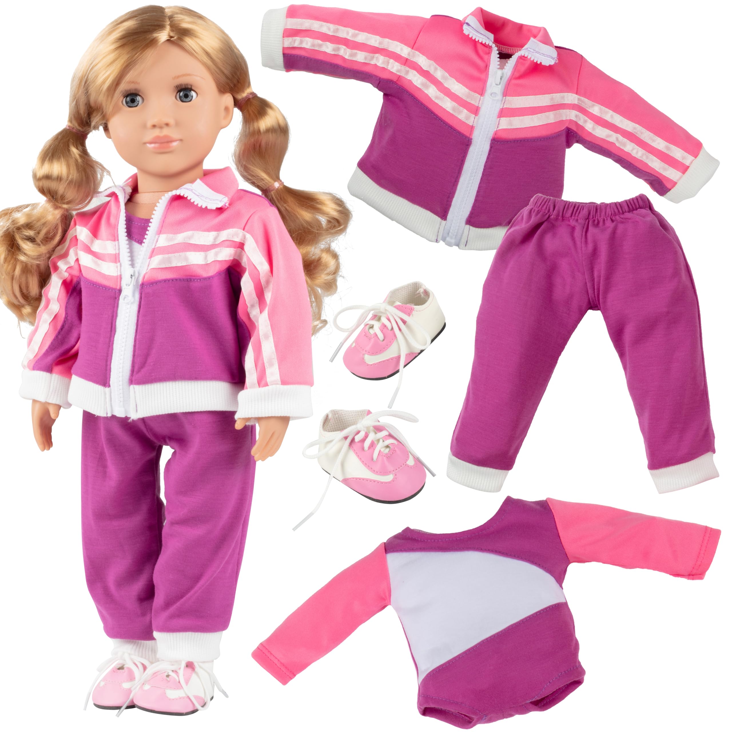 Gymnastics Doll Outfit for 18" Dolls (4 Piece Set) -Sports Premium Costume Handmade Clothes and Accessories Include Leotard, Warm-Up Pants & Jacket,