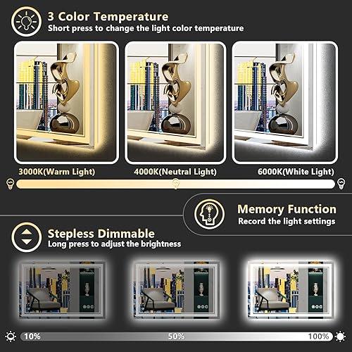 Miniatura 4 de Espejo de baño LED de 20 x 28 pulgadas con luces, retroiluminado y frontal iluminado, espejo de tocador con luz antiniebla para pared de baño, 3