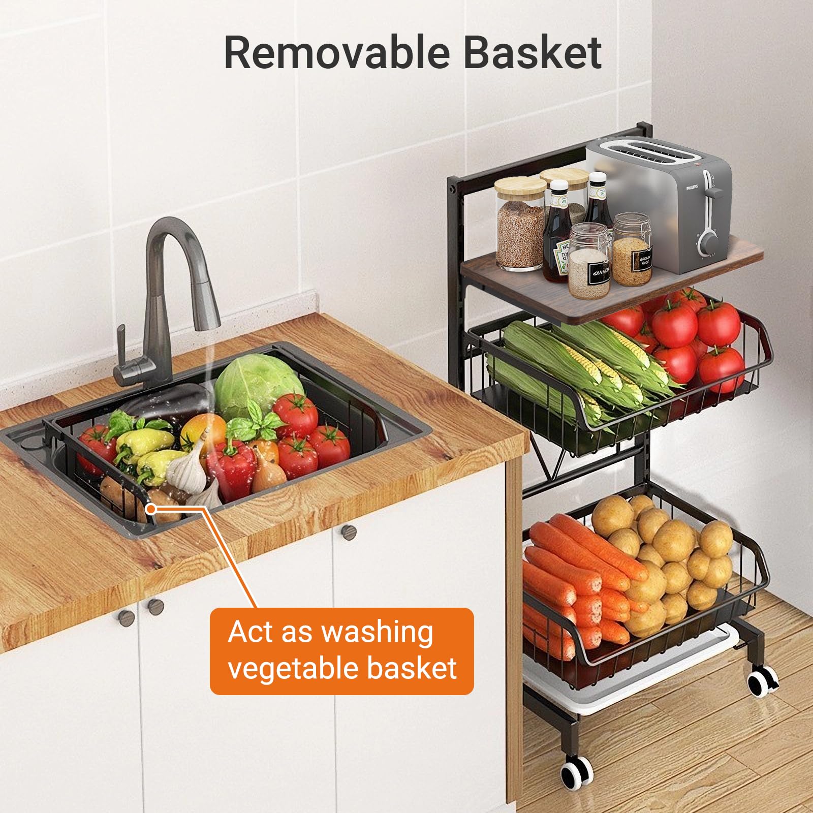 Todeco Panier de Fruits et Legumes avec Roues, Étagère à légumes pour Cuisine, 4 Niveaux avec Planche, Chariot de Rangement avec roulettes verrouillables et Plateau, pour Cuisine, Fruits, légumes | 4 niveaux avec planche, chariot de rangement avec roulett