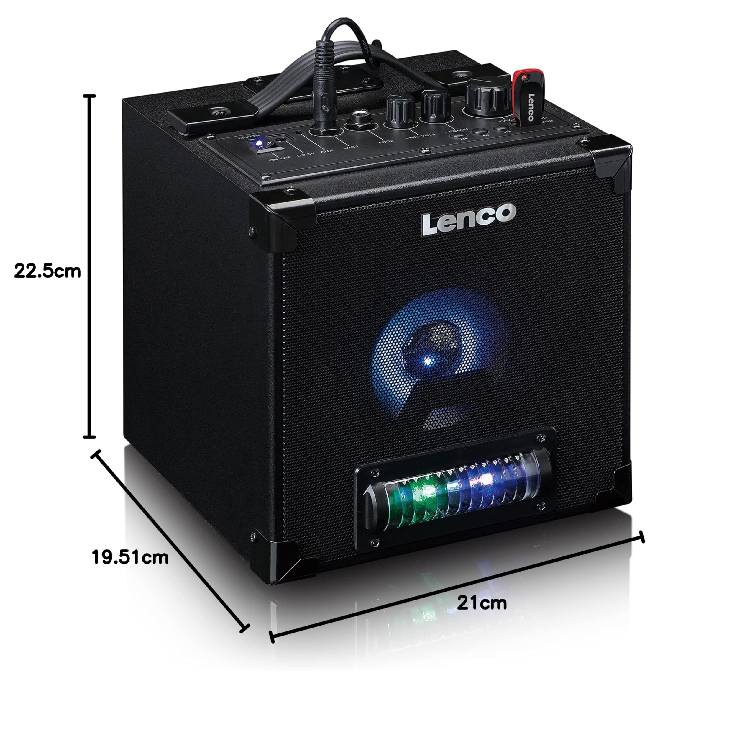 Lenco BTC-070 Karaoke Anlage - Bluetooth Lautsprecher mit Mikrofon - Musikbox - Lichteffekte - 10 Stunden Akkulaufzeit - USB - Micro SD - AUX IN - Schwarz