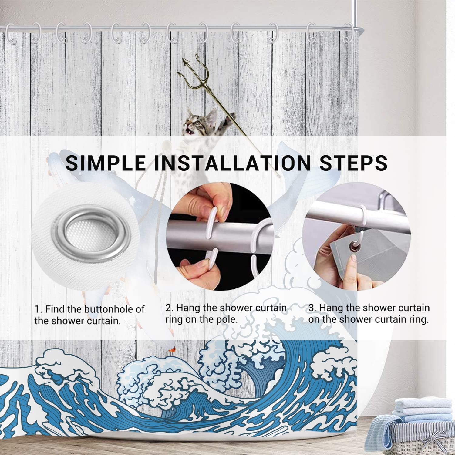 Inovra ® Japanse Stijl Douchegordijn Voor Badkamer Met Hokusai De Grote Golf Van Kanagawa Inclusief Ringen