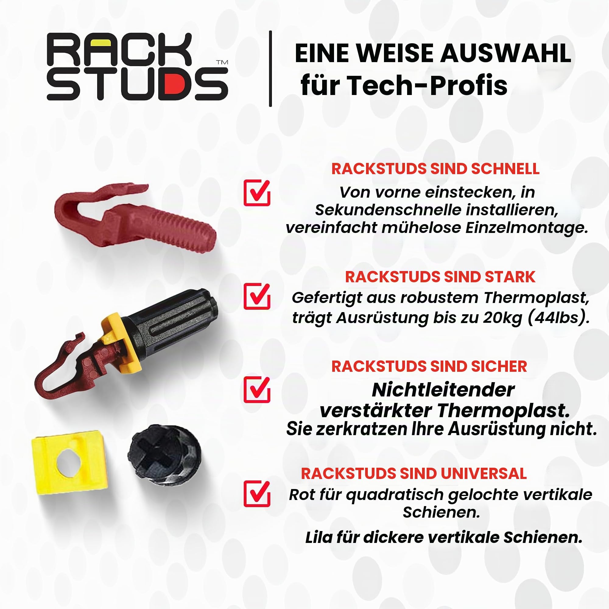 Rackstuds R100 Serie II Rackmontageschrauben – Server-Rack-Schrauben und Käfigmuttern-Ersatz für 19" Server-Rackschienen mit quadratischen Löchern – ohne-Werkzeug – Rot 2,22 mm / 0,086 – 100 Stück
