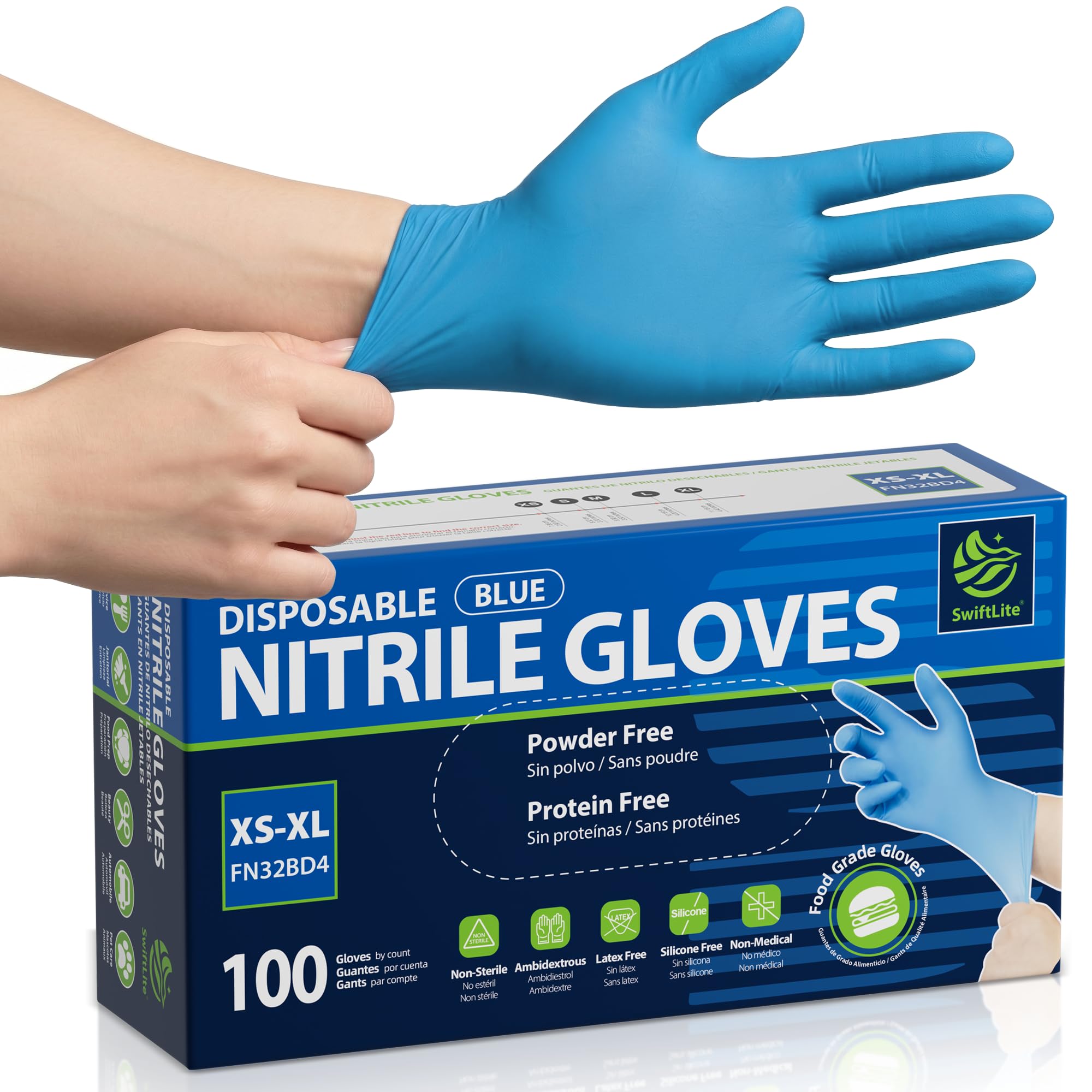 SWIFTLITE Food Safe Disposable Gloves, Blue Nitrile Rubber Gloves, Latex-Free Powder-Free for Food Prep, Cooking, Cleaning