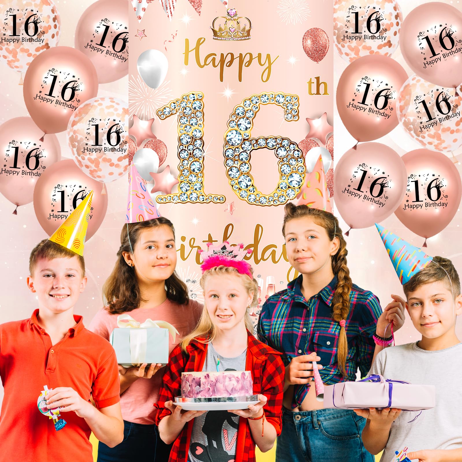 BINQOO Sfondo di copleanno 2,1 x 1,5 Palloncino in oro rosa rosa