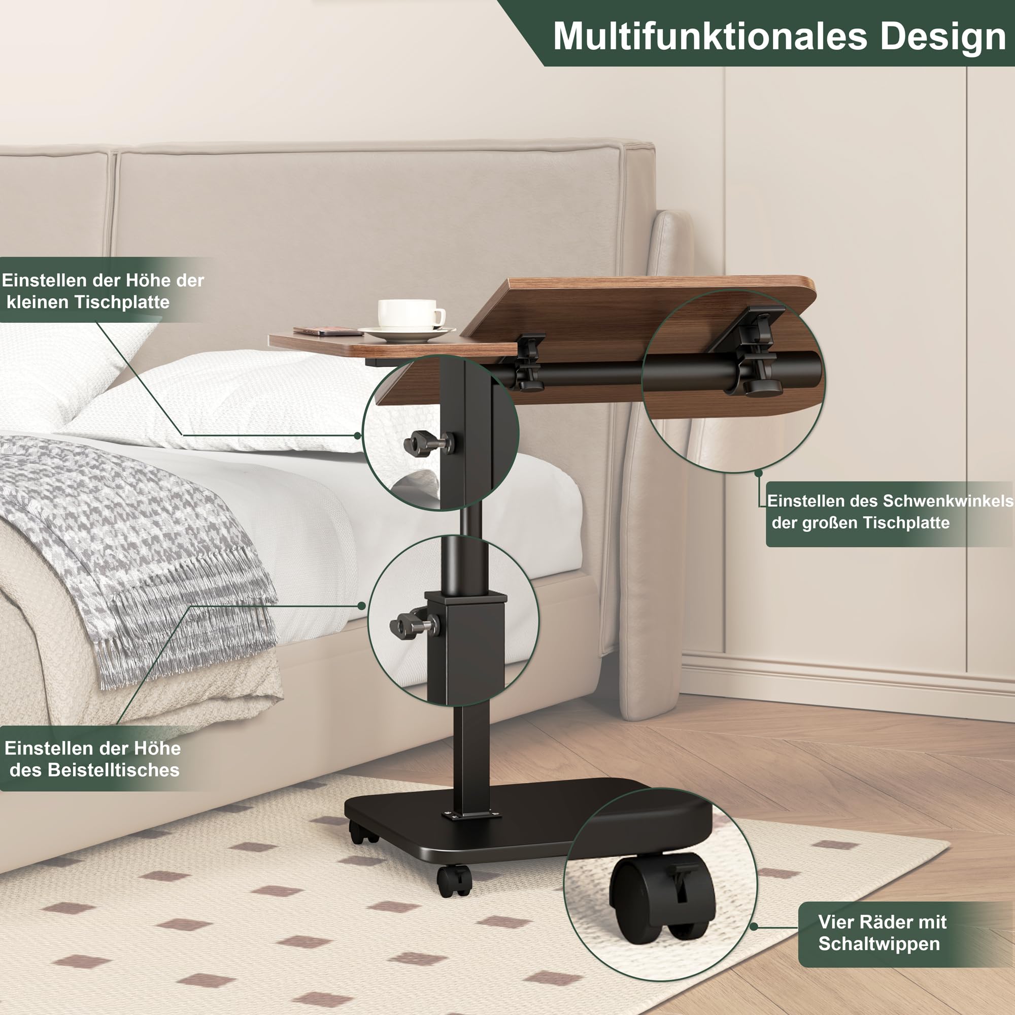 Mesa auxiliar con ruedas regulable en altura, mesa auxiliar de madera en forma de C, rotación de 360°, soporte superior inclinable para ordenador portátil, mesa de TV para sofá, cama, pequeña