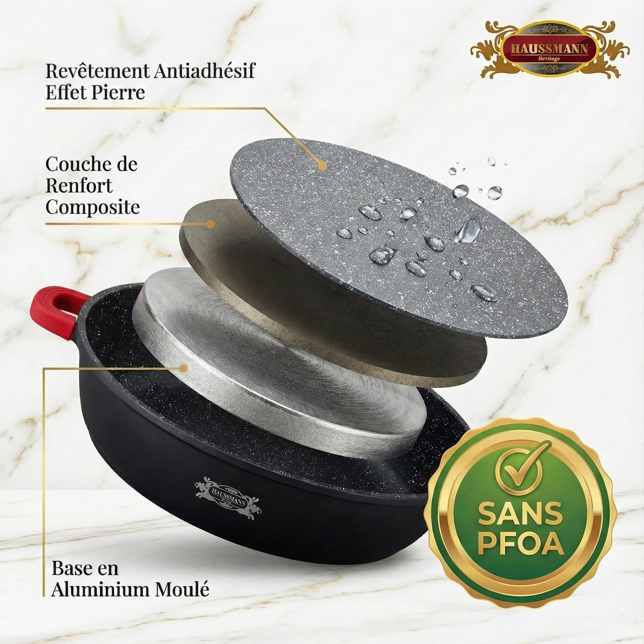Haussmann Héritage Sauteuse Façon Pierre avec Couvercle Verre – Fonte d'Aluminium Induction & Four (260°C) – Poignées Silicone Isolantes – Grande Capacité pour Cuisine Familiale (40cm/9cm/10L)