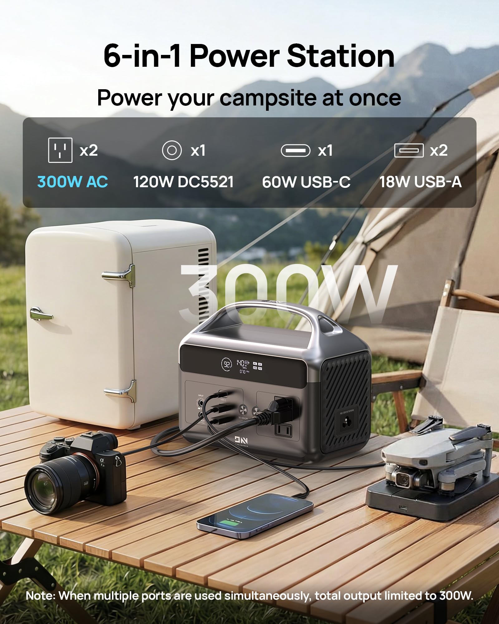 DaranEner Estación de energía portátil de 300 W, generador solar LiFePO4 de 192 Wh (sobretensión de 600 W), banco de energía de carga rápida de 2 horas con 2 salidas de CA, PD 60 W, luz LED para 4