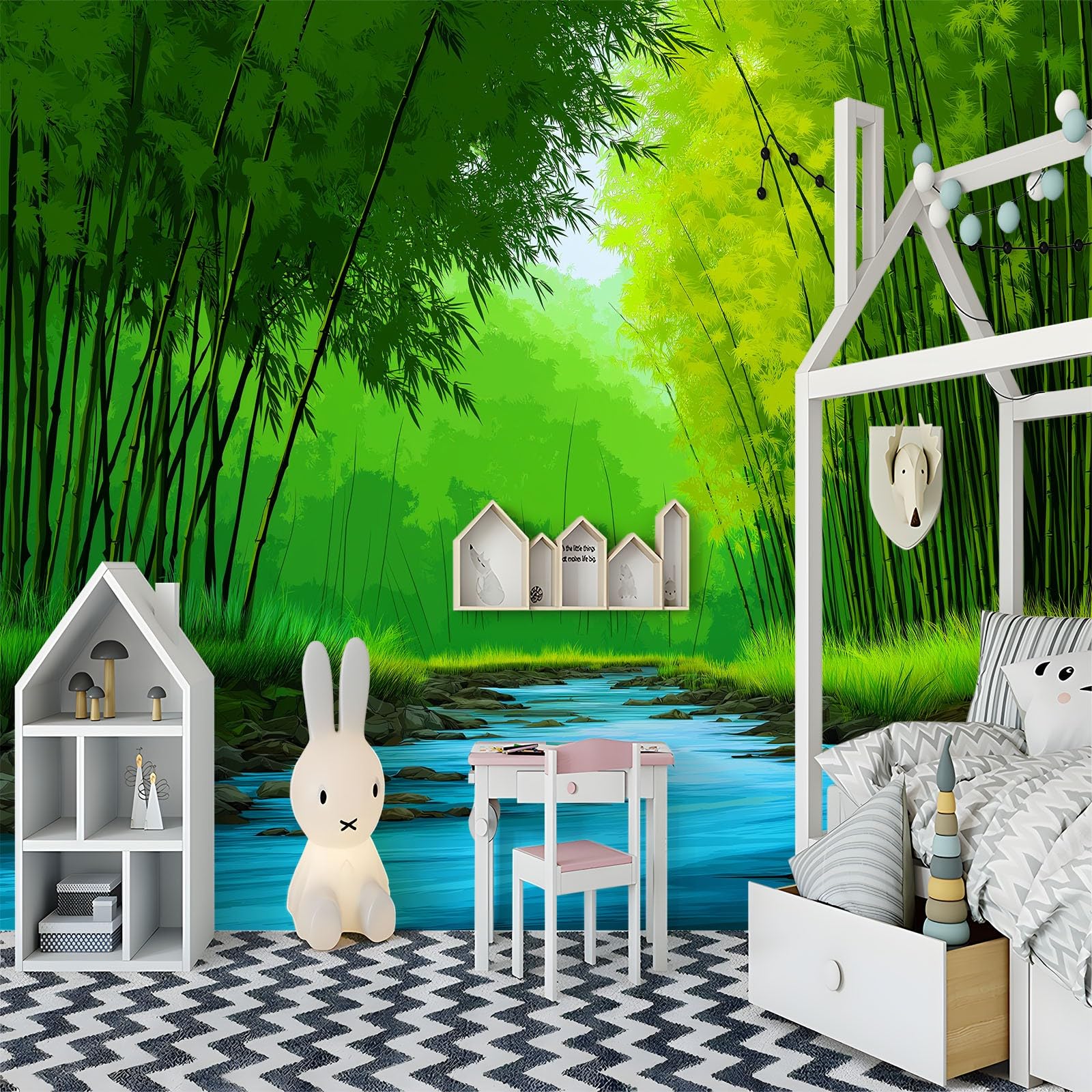 Tapeta 3D, fototapeta klasy premium, 350 x 256 cm, naturalny las bambusowy i strumień, fototapeta do salonu, nowoczesna tapeta z włókniny, obraz ścienny XXL, tapeta ścienna, efekt 3D, dekoracja