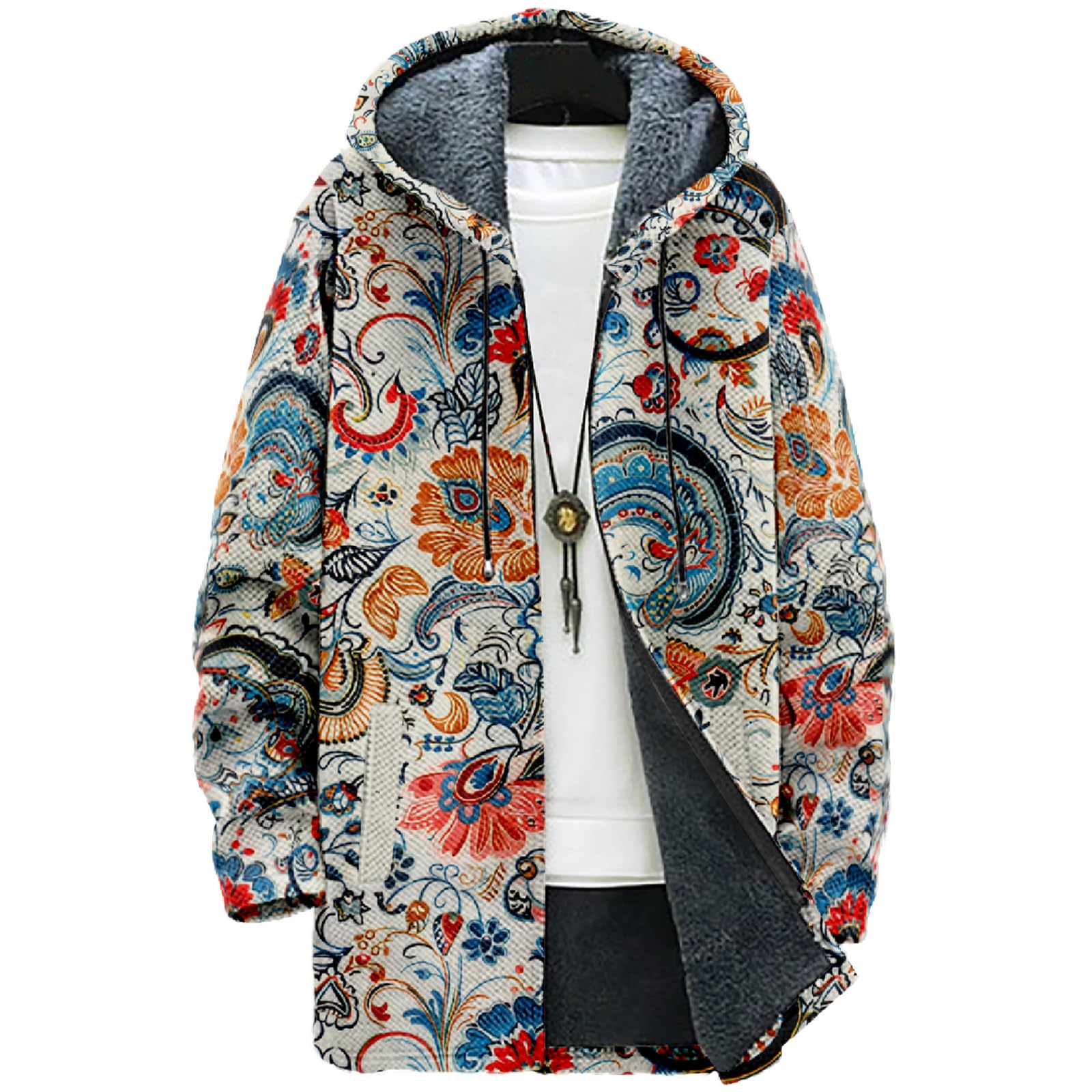 MARSVOVO Cardigans for Men Western Fleece Jacket Warm Fleece Fall Winter Casual Zipper Hooded Neck Coat with Pockets