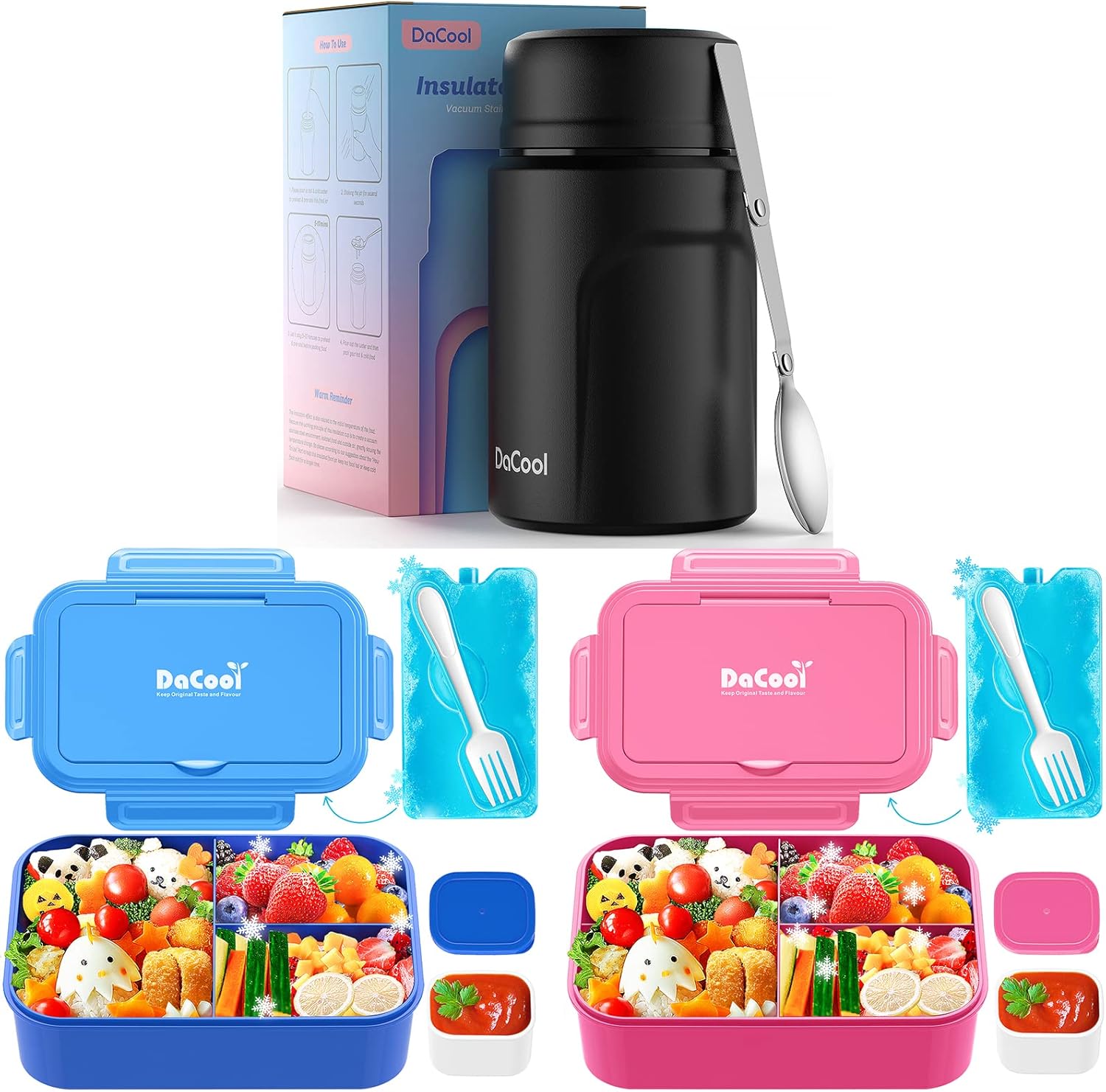DaCool Insulated Lunch Container Hot Food Thermos 17 oz Chill Kids Lunch Box with