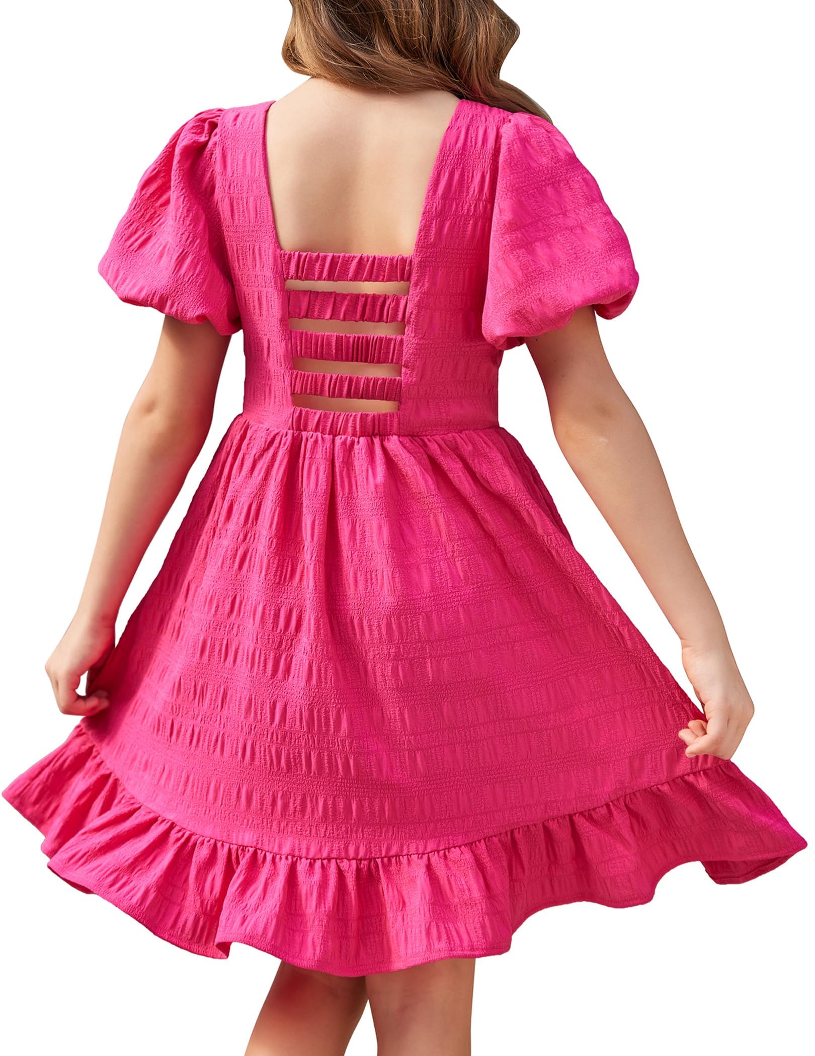 Arshiner Vestido de Princesa para Niñas Sin Espalda Puff Manga Corta Niños Elegante Desfile Vestidos de Fiesta de Cumpleaños Cuello Cuadrado Dobladillo con Volantes 5-16 Años