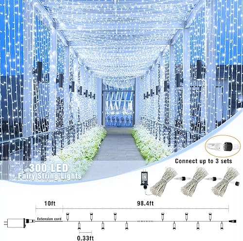 Miniatura 2 de Guirnalda de luces navideñas con 300 LEDs, 99 pies, para interiores y exteriores, cable transparente, impermeable, 8 modos, conectables, decoración