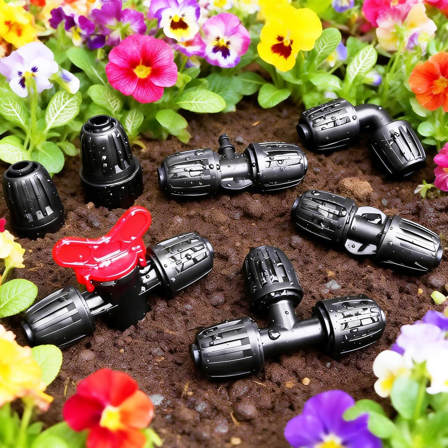 24 Pcs 1/2 Inch Drip Irrigation Fittings Kit, 1/2 Inch Drip Tubing (0.60"-0.65" OD) Parts Including 4 Tees 5 Couplings 4 Elbows 4 Reducing T 4 Plugs 2 Valves 2 Threaded Faucet Adapter