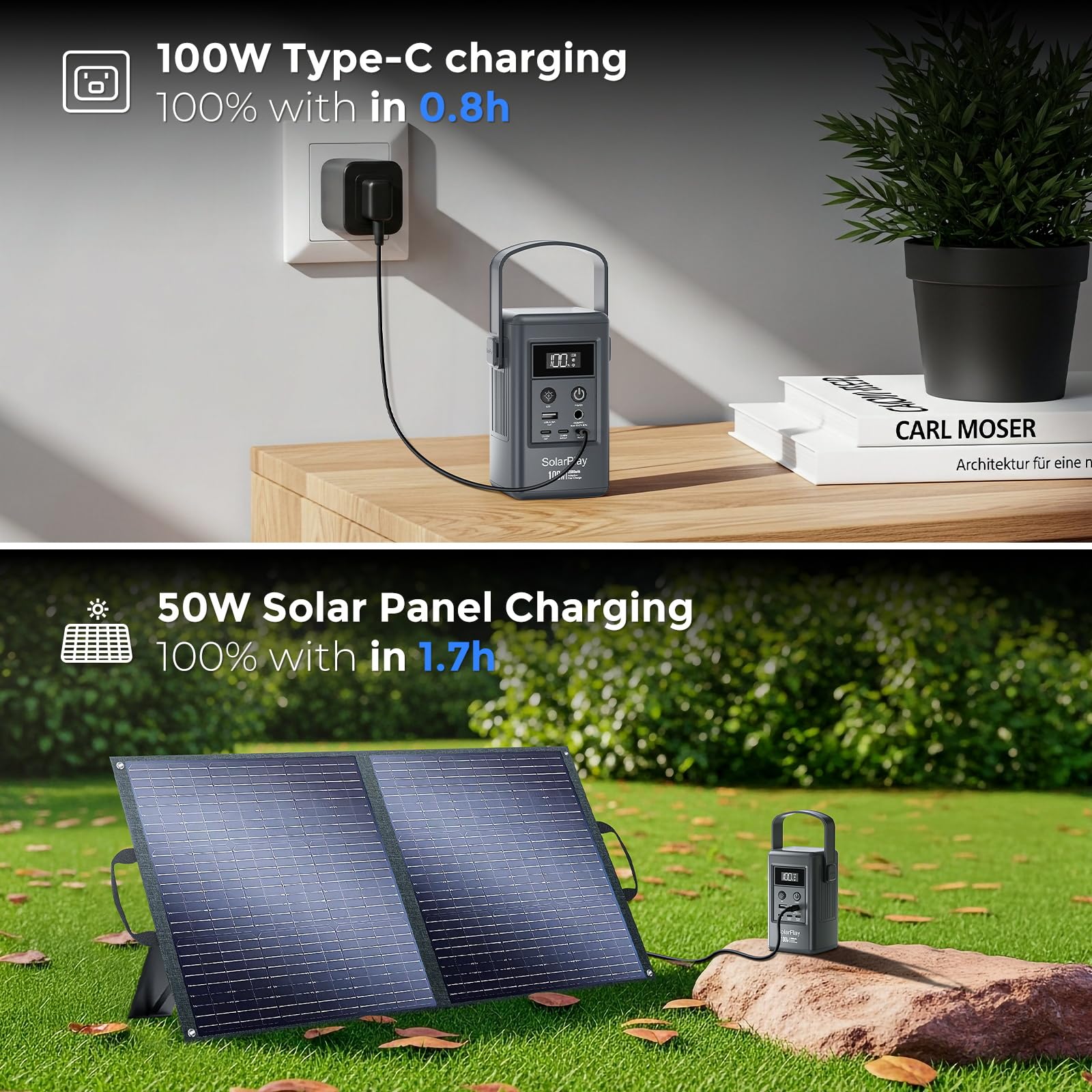 SolarPlay Q100 Estación de Energía Portátil de 100 W, Pequeño Generador con Tomas de Corriente/CC/luz LED/USB, Batería Externa de 92,5 Wh para Acampadas, Respaldo Doméstico y Cortes de Emergencia