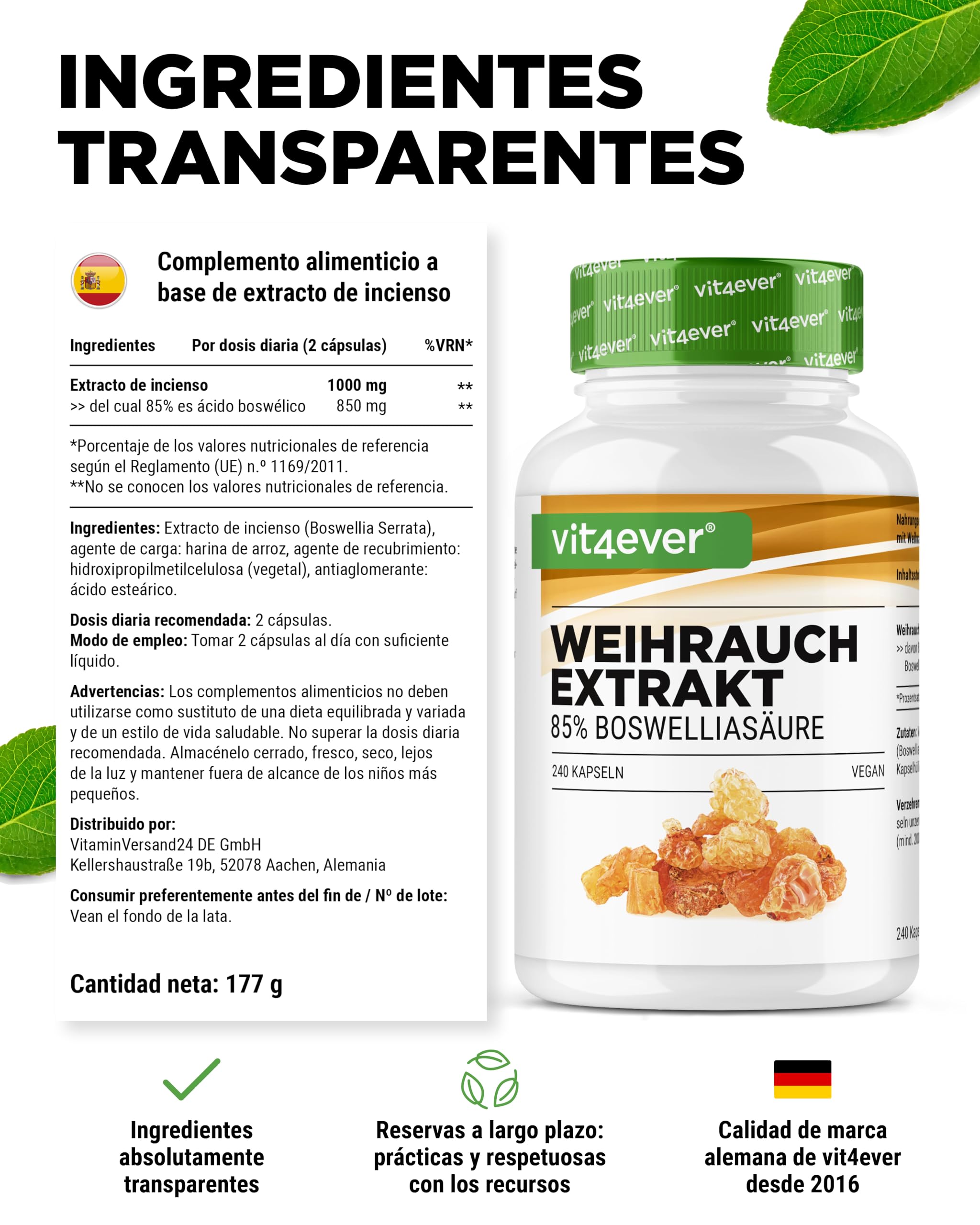 vit4ever Extracto de incienso - 240 cápsulas veganas - 1000 mg por ración diaria - Con 85% de ácidos boswélicos de auténtica Boswellia serrata india - Alta dosis
