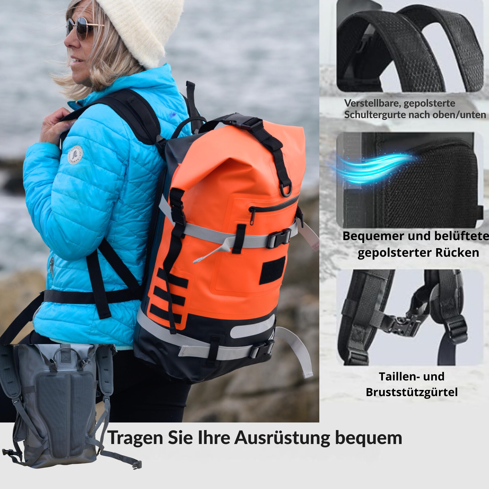 Rucksack, wasserdicht, Orange, 30 l, wasserdicht IPX6, für Wassersport, Kajak, Paddle, Boot, viele Befestigungen, Vordertasche, Wassertasche, bequemer Transport