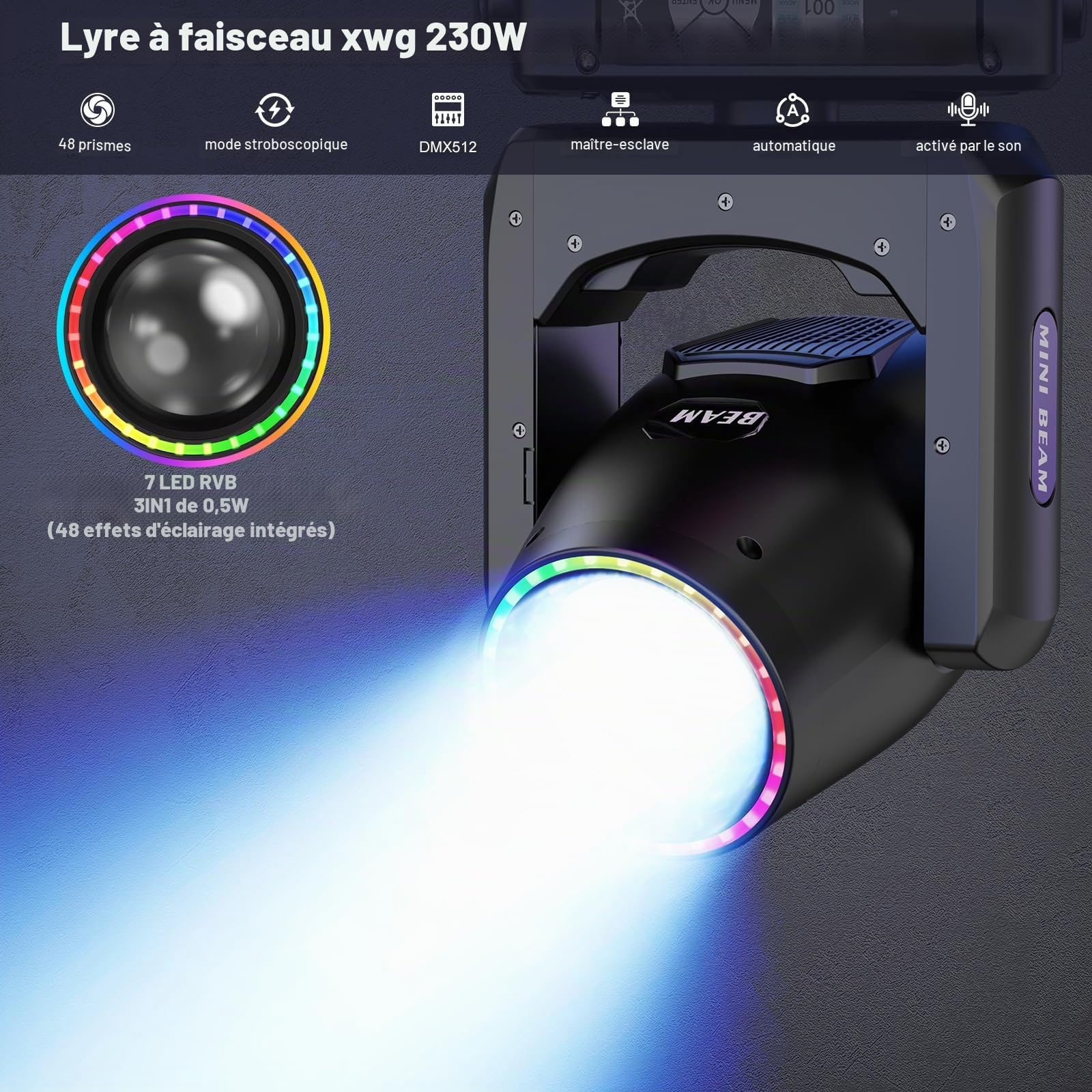 4 pièces Lyre LED 230W 7R Beam Mini lumière de scène 14 couleurs 14 Gobos RGBW Disco Lumière Rotative dmx512 Prisme Jeu de Lumiere pour DJ Club Fête Bar Théâtre Mariage