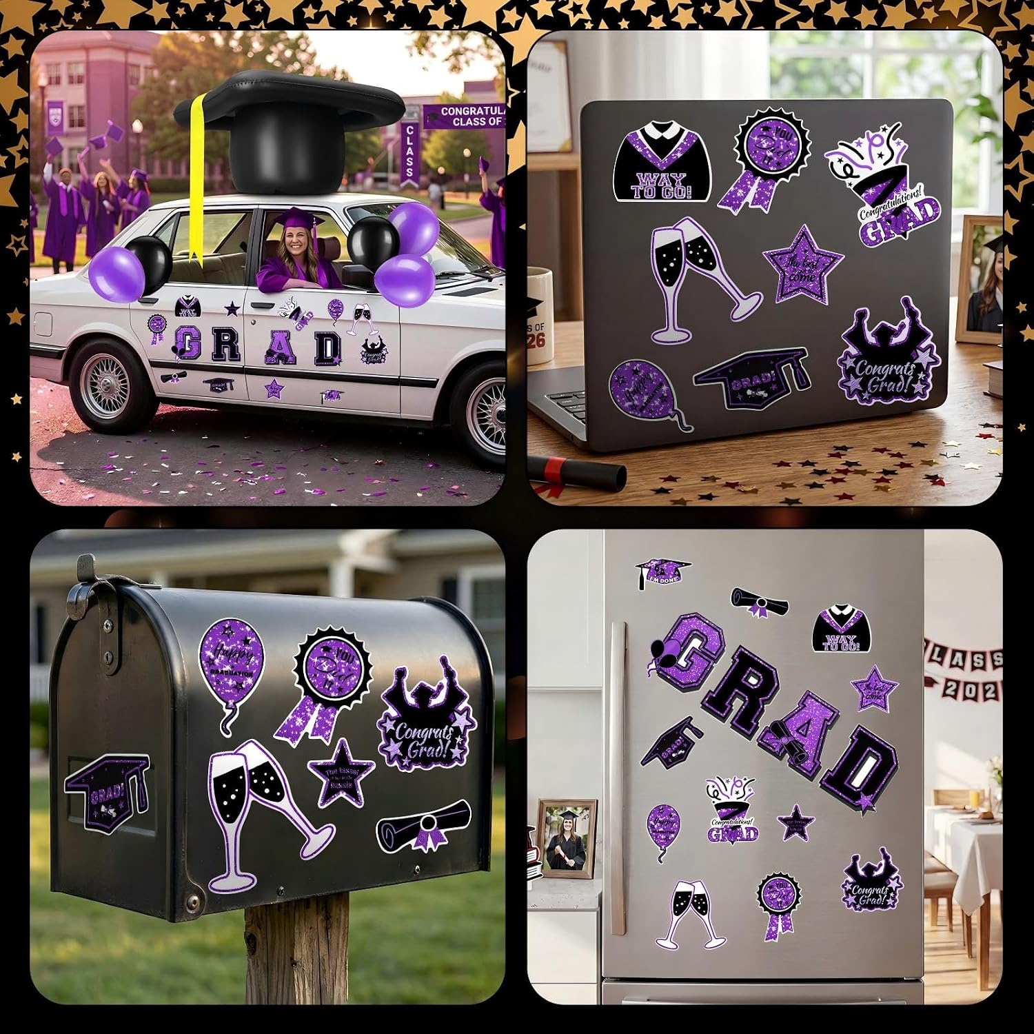 Gemscream 2026 Graduation Car Magnets Decorations 23'' Inflatable Graduation Cap 15 Pcs Congrats Grad Car Magnets Stickers Class of 2026 Decor for Parade, High School College(Purple and Black,Grad)